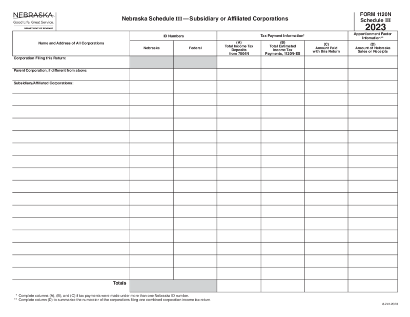 Nebraska Form 1120 N Schedule III