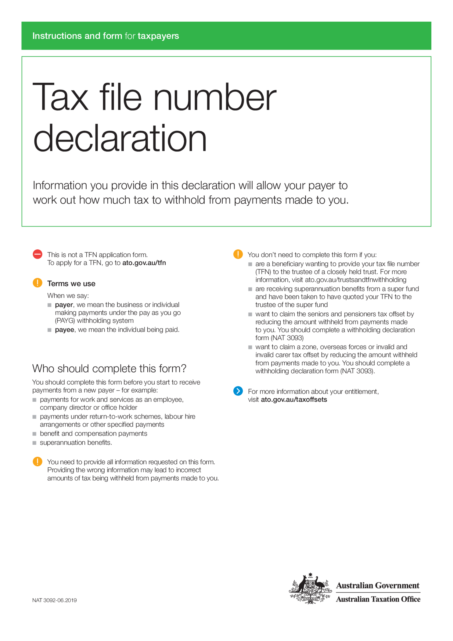 AU NAT 3092, Tax File Number Declaration - Thumbnail