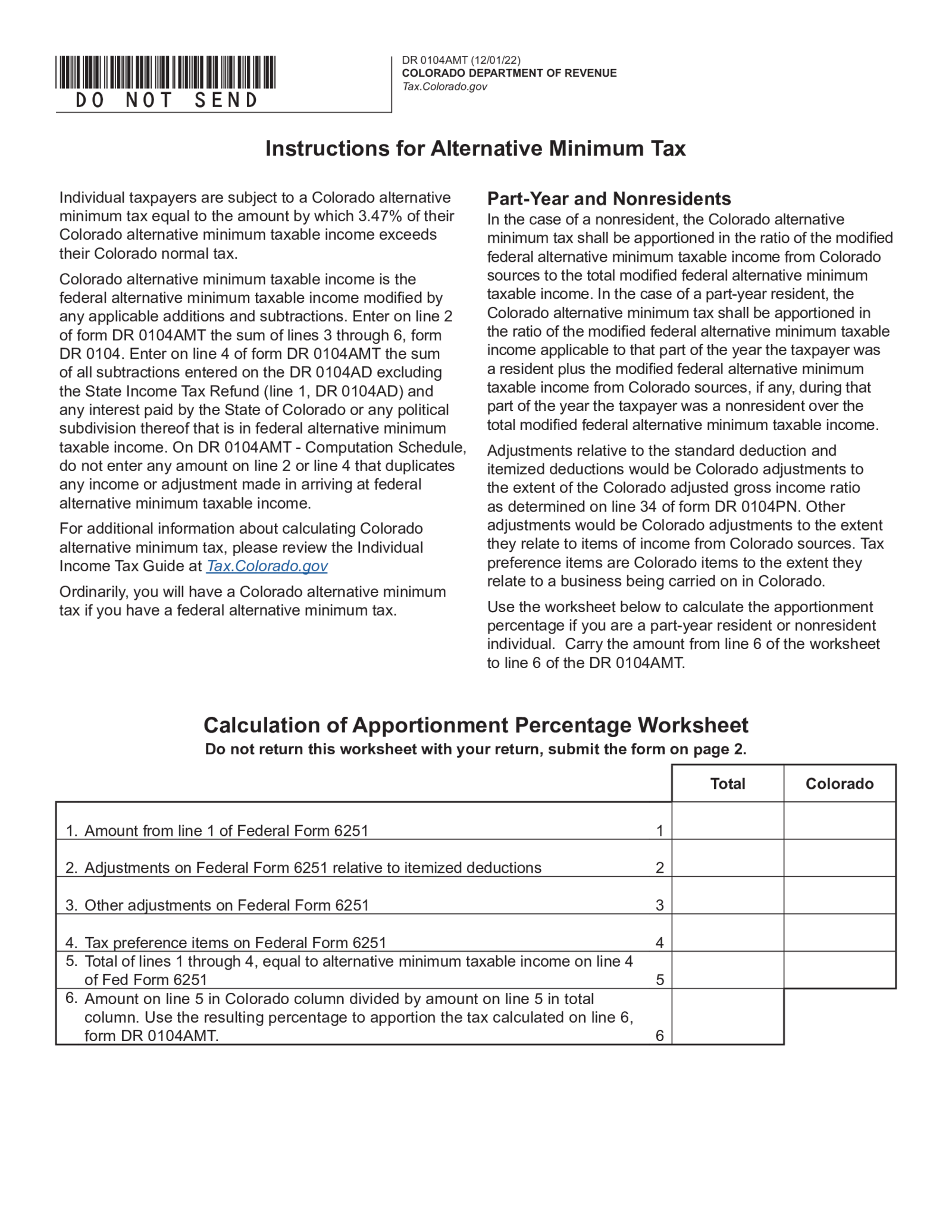 Colorado Form 104AMT - Thumbnail