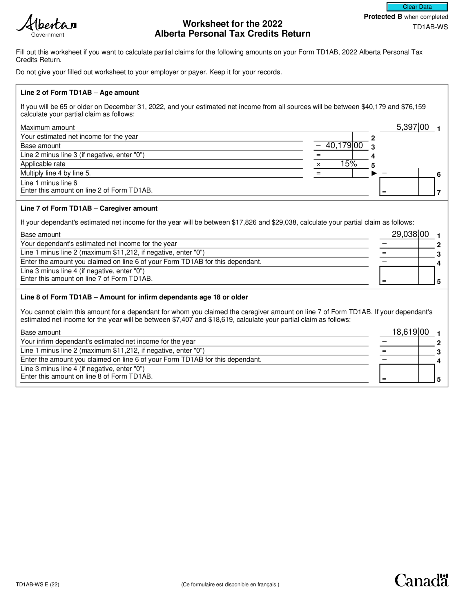 TD1AB-WS Worksheet for Alberta Personal Tax Credits Return - Thumbnail