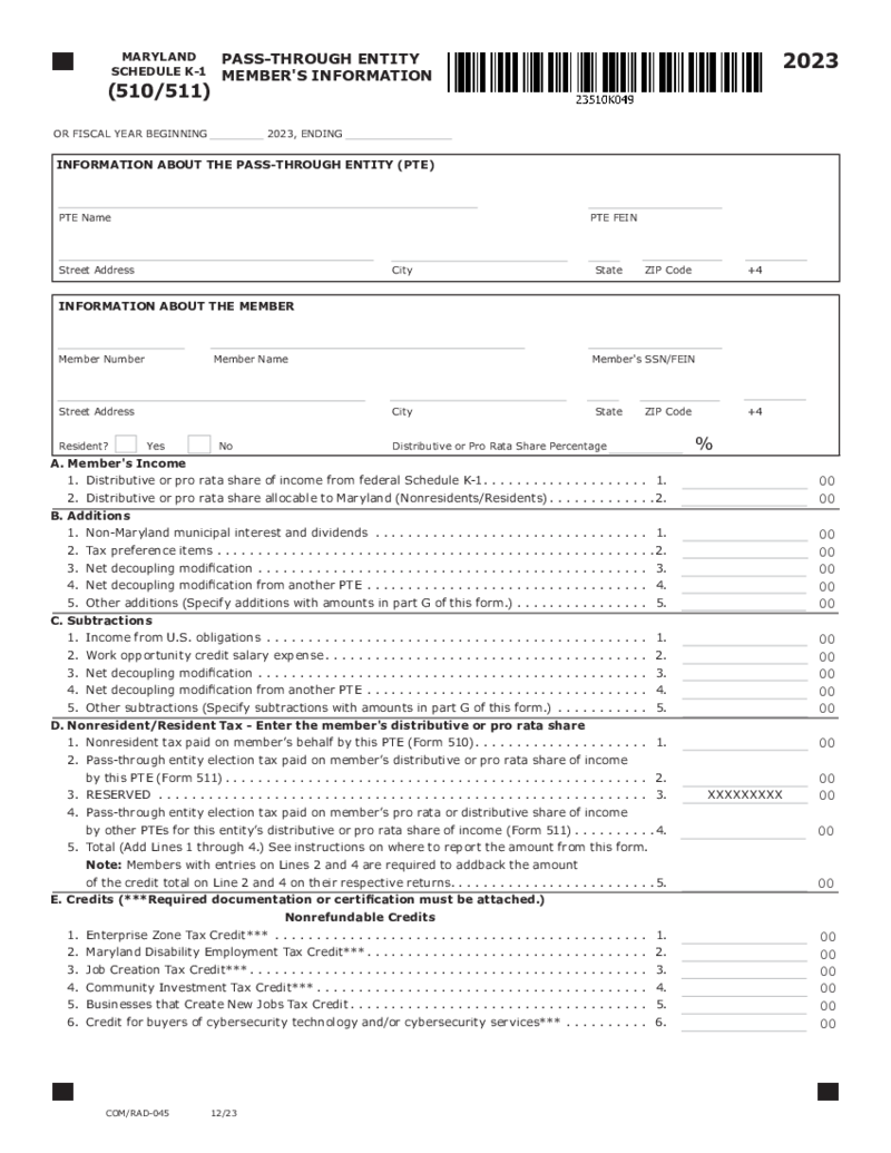 Form 510 Schedule K-1 Maryland Pass-Through Entity Members Information