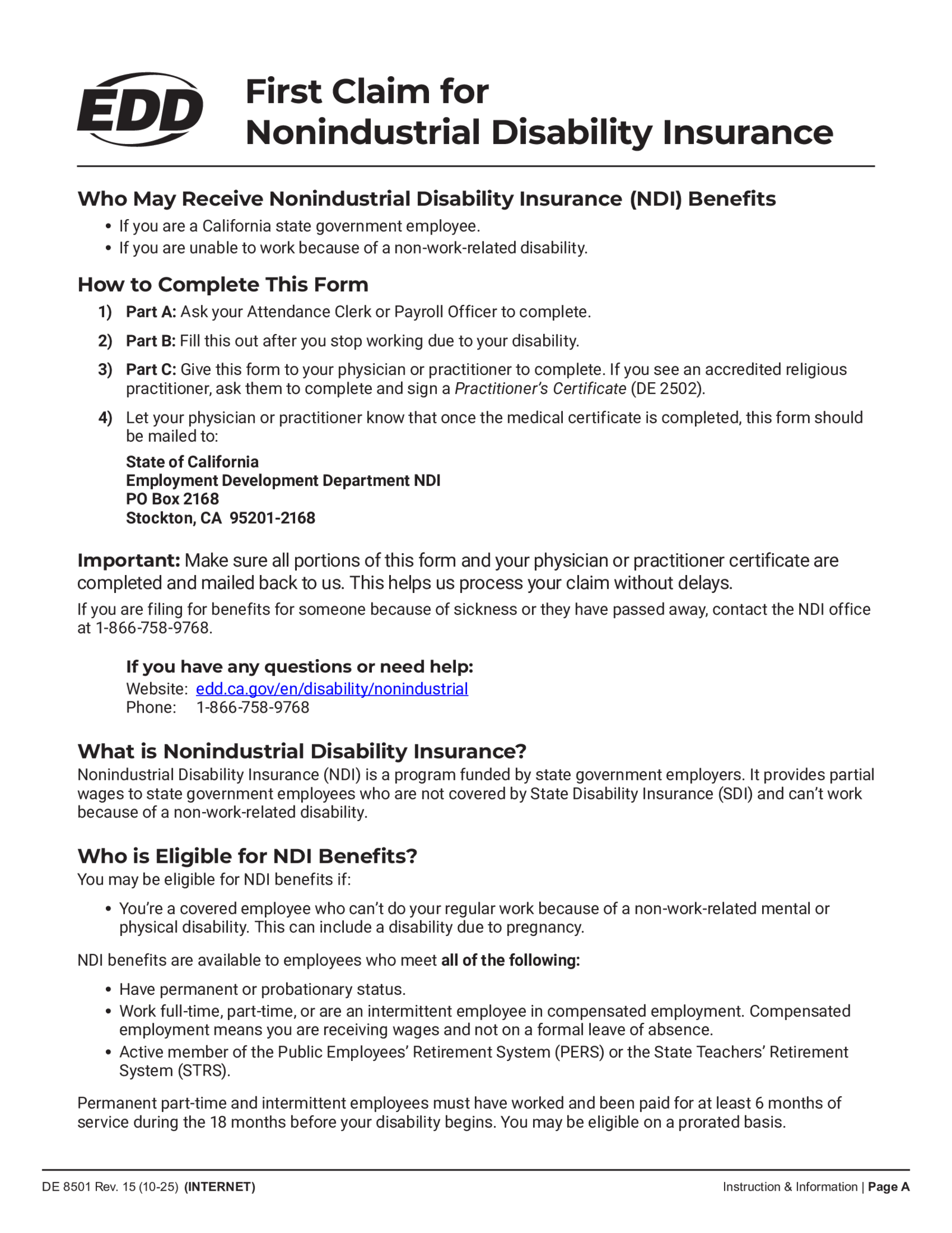 DE 8501 Nonindustrial Disability Insurance - Thumbnail