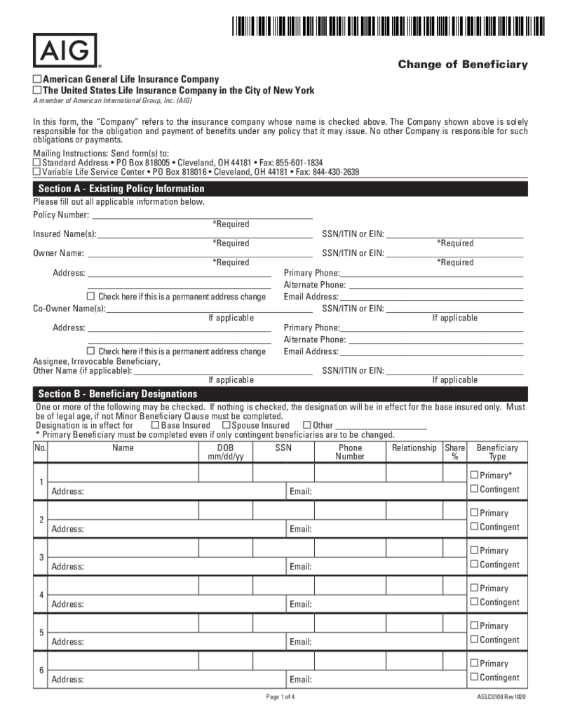 AIG Change of Beneficiary Form