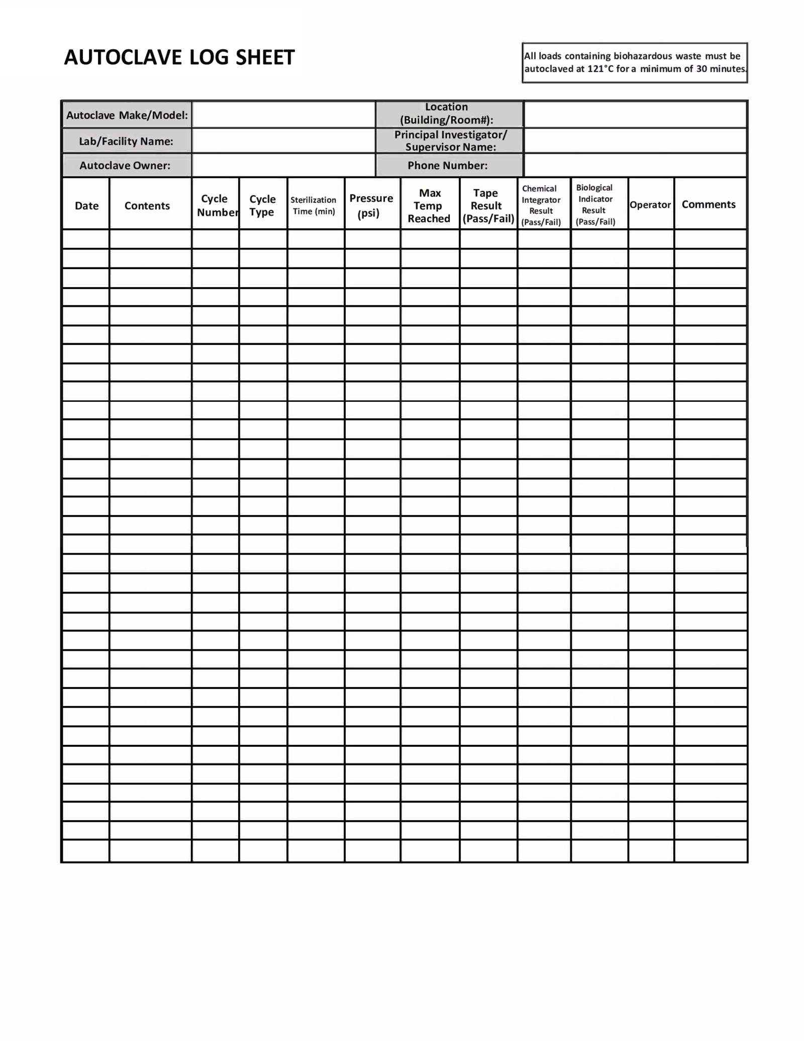 Sample Autoclave Log Sheet - Thumbnail