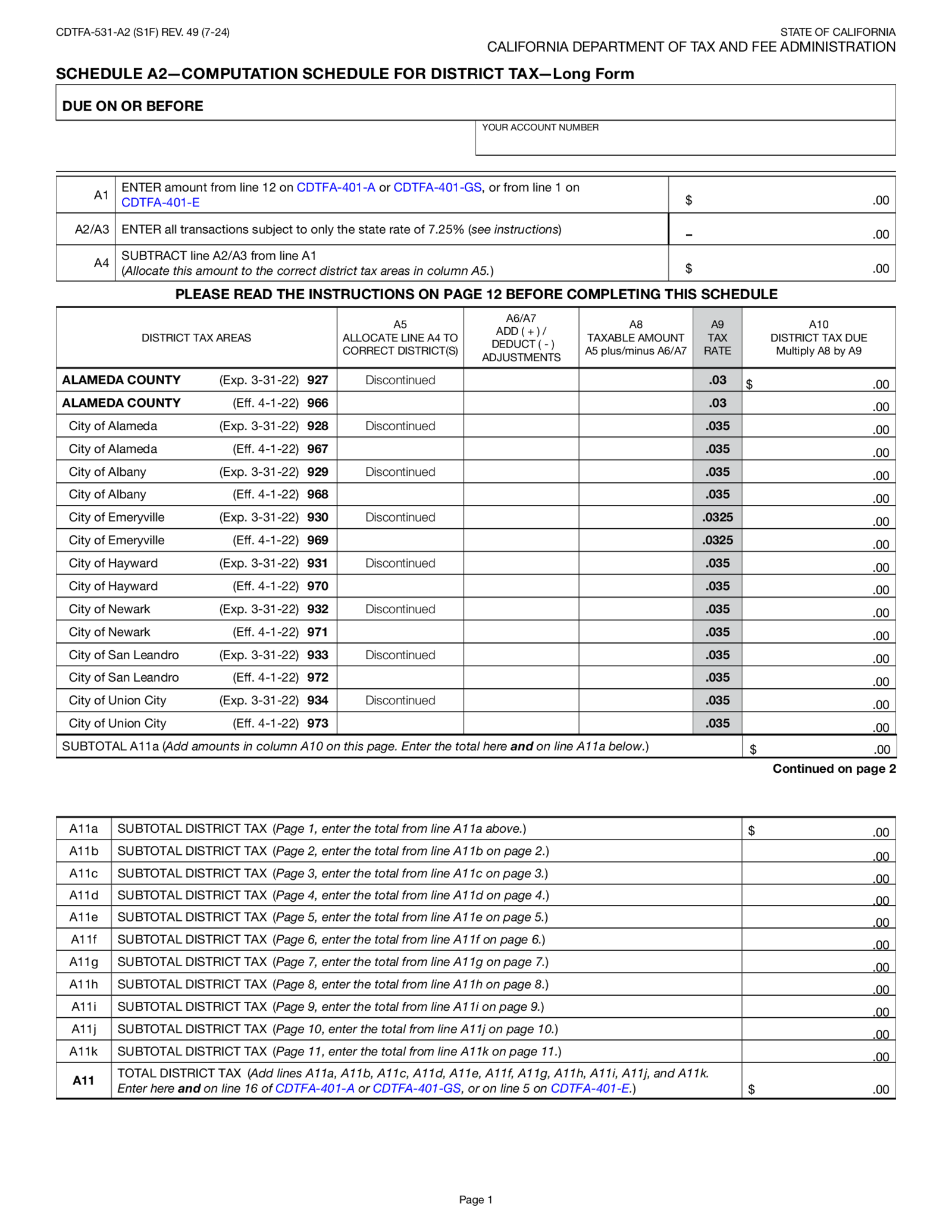 CDTFA-531-A2, Schedule A2 - Computation Schedule for District Tax - Thumbnail