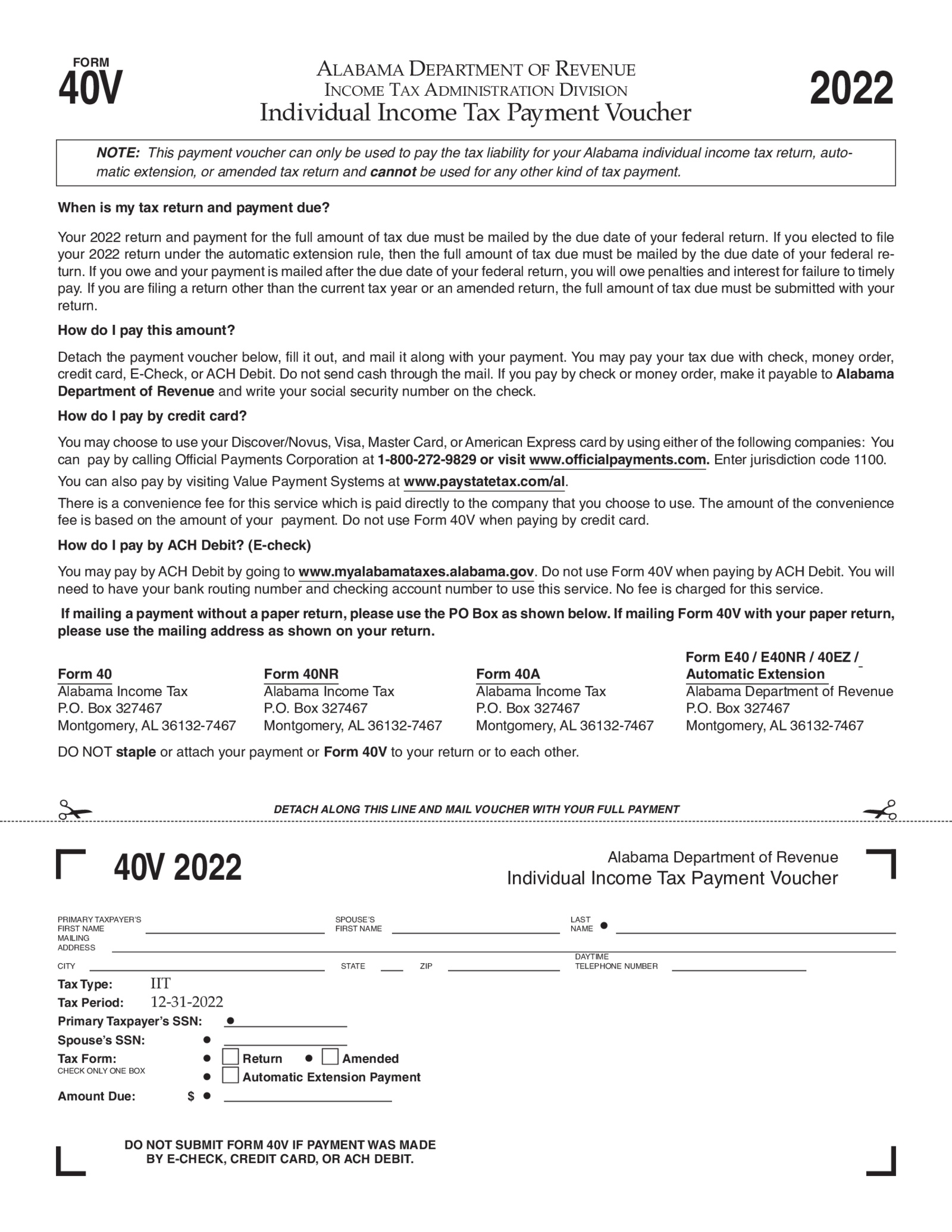 Alabama Tax Form 40V - Thumbnail