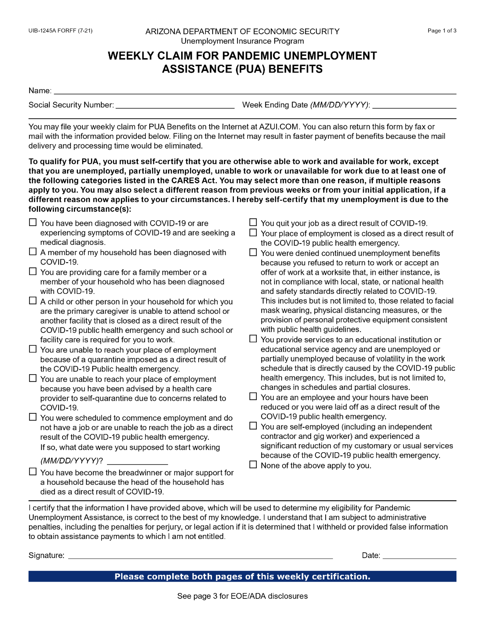 UIB 1245A Weekly Claim for Pandemic Unemployment Assistance - Thumbnail