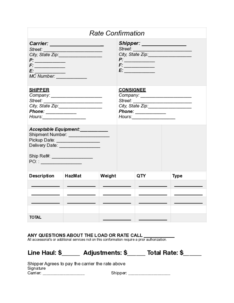 Load Rate Confirmation Template