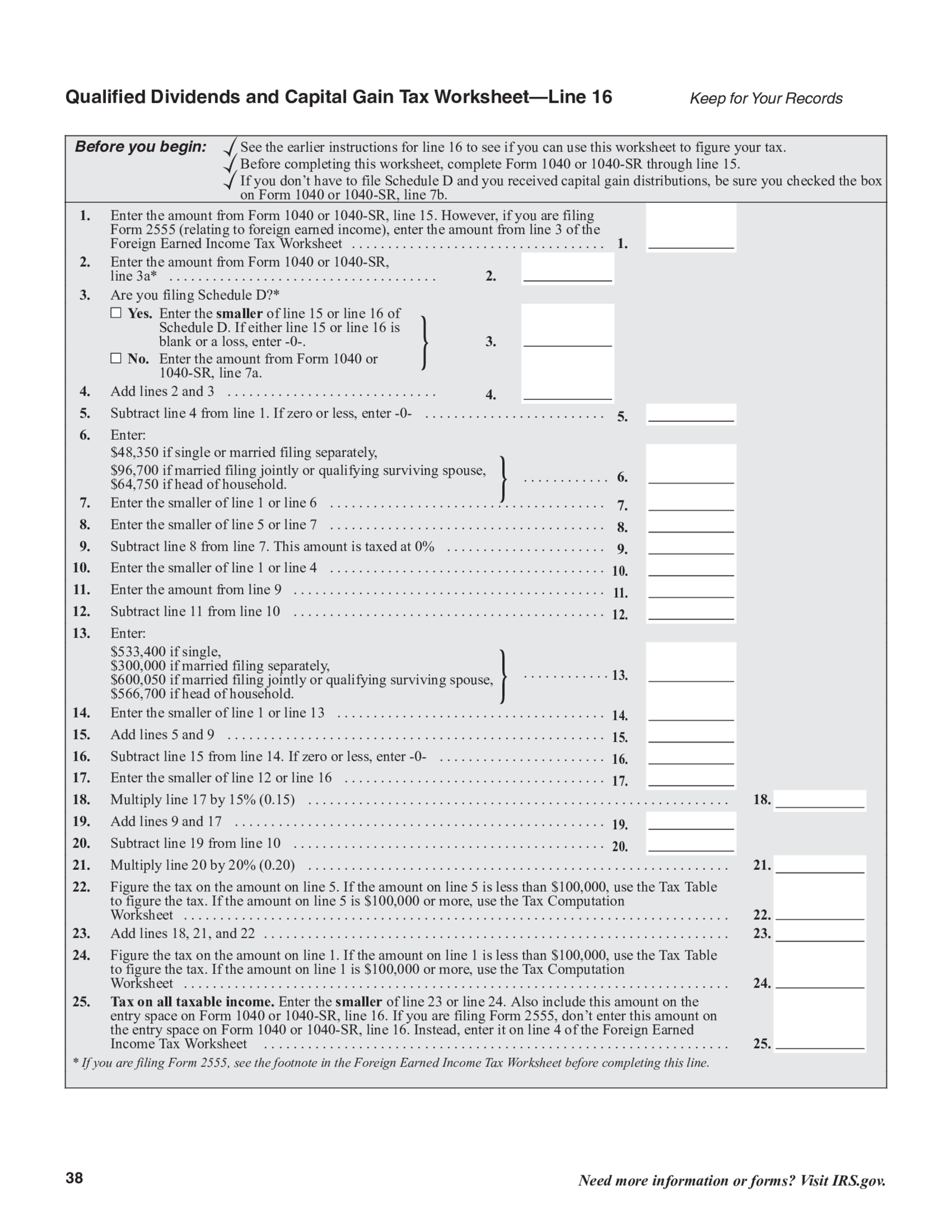 Qualified Dividends and Capital Gain Tax Worksheet, Line 16 - Thumbnail