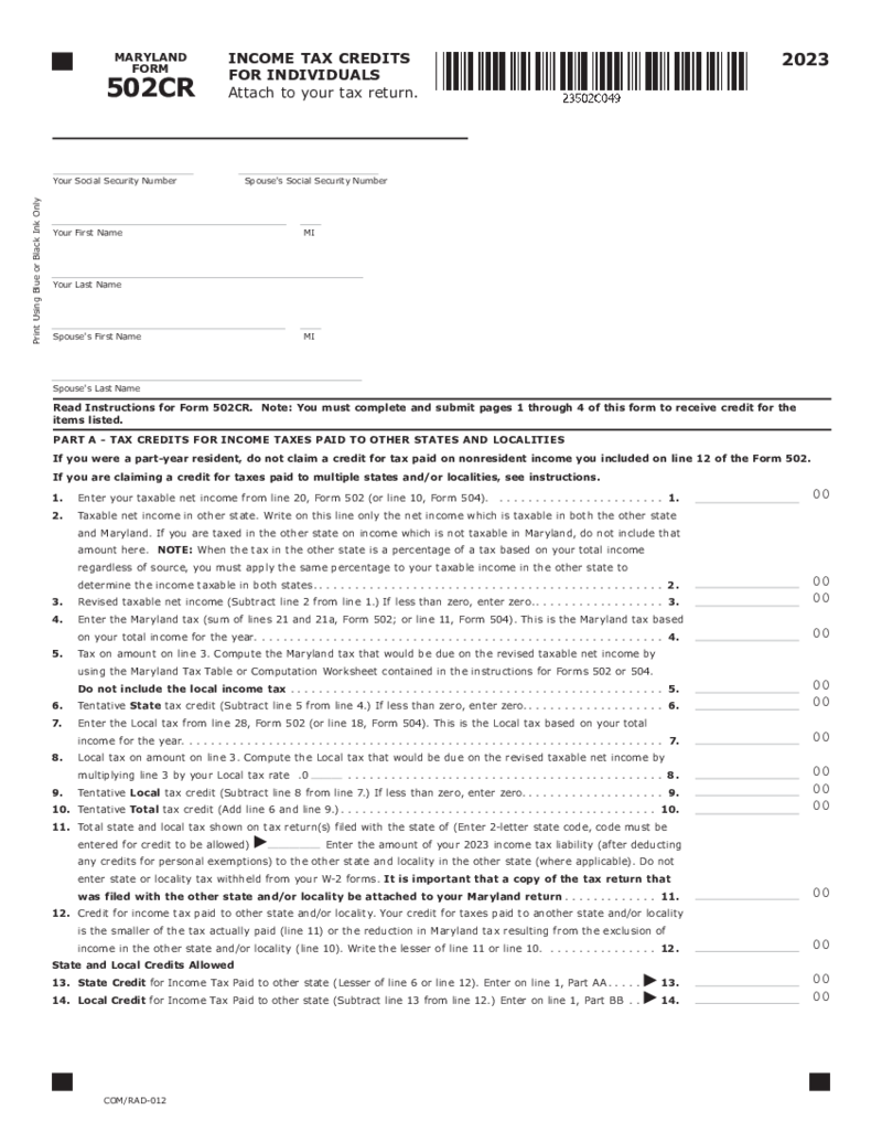 Maryland Form 502CR