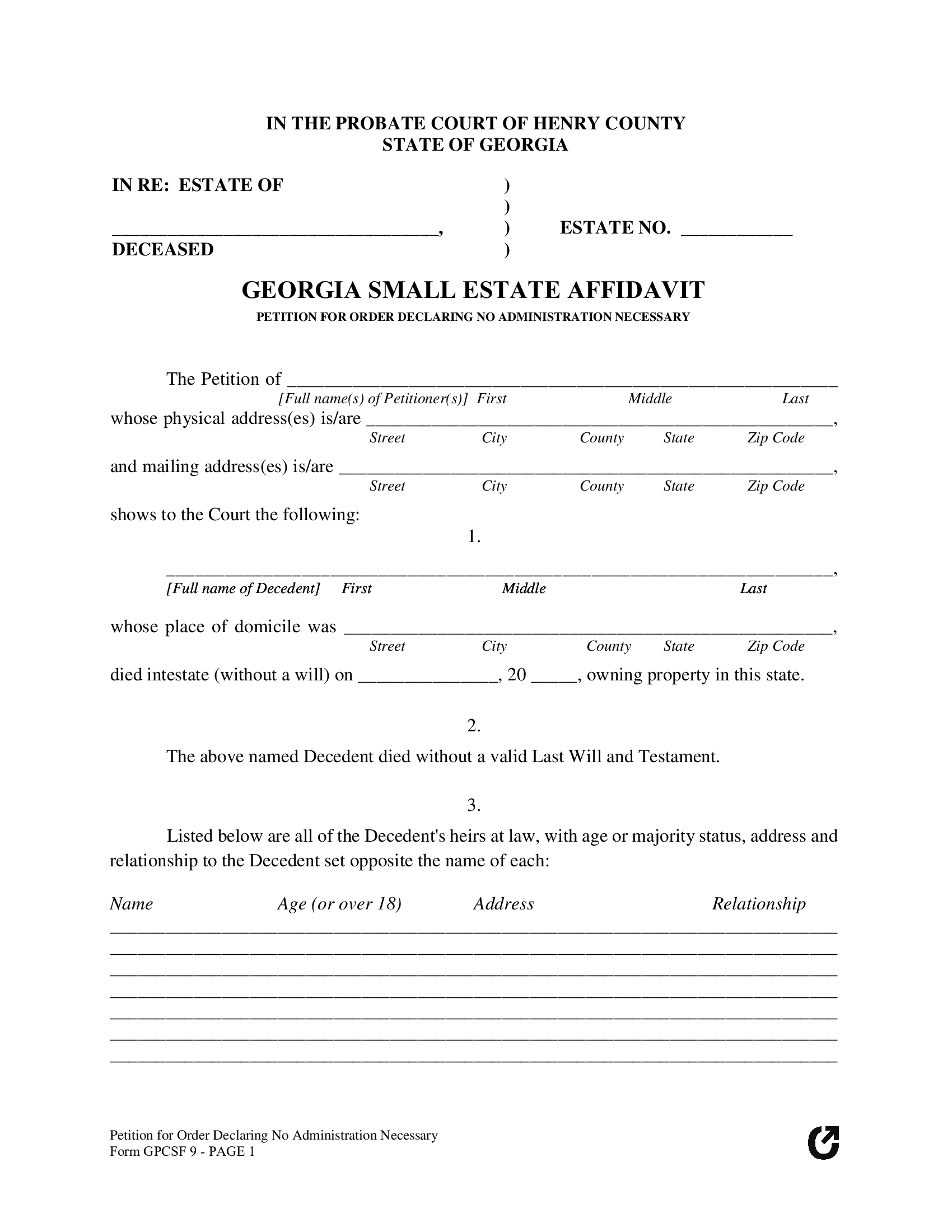 Georgia Small Estate Affidavit _ Form GPCSF 9 - Thumbnail