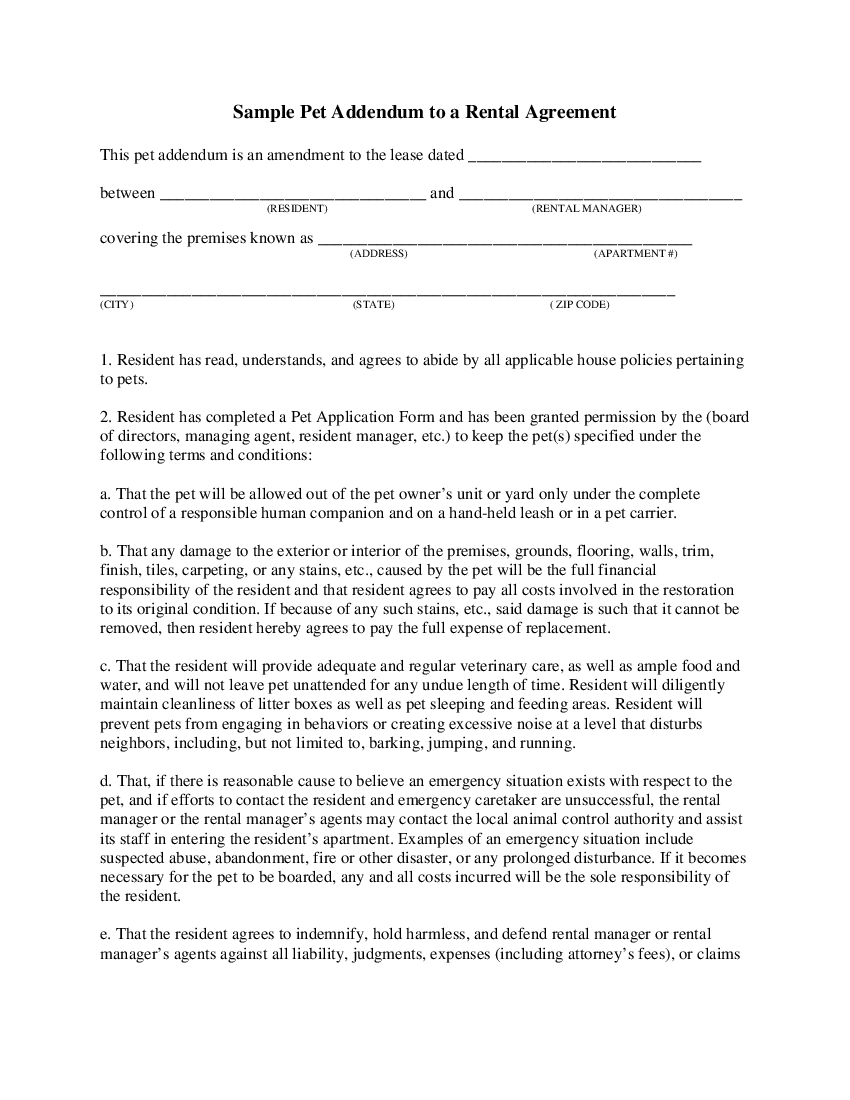 Sample Pet Addendum to a Rental Agreement