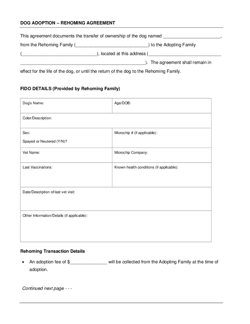 Dog Adoption - Rehoming Agreement