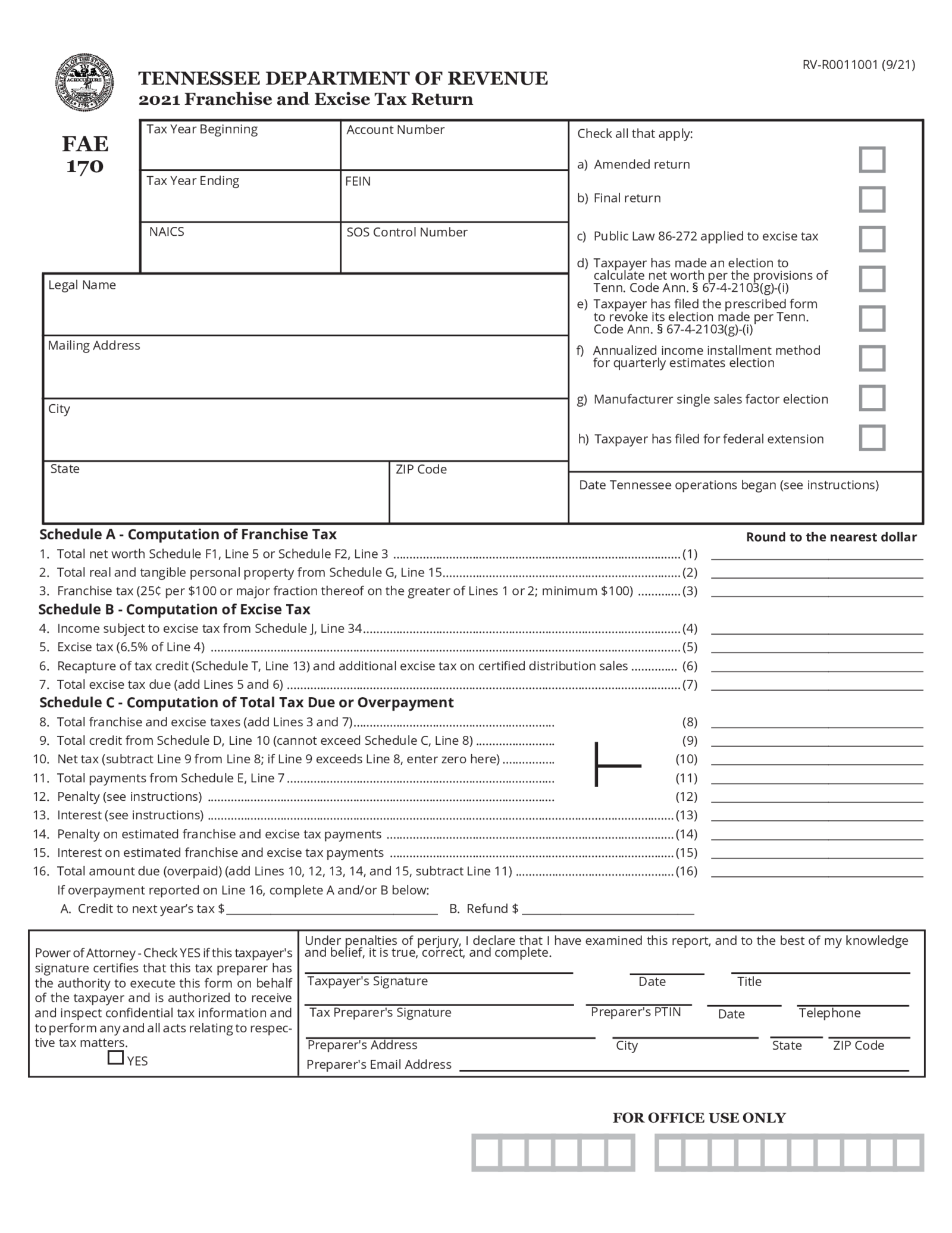 Fillable Tennessee Form FAE 170 (2021) - Thumbnail