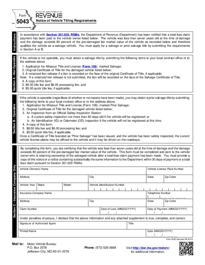 Form 5043 - Notice of Vehicle Titling Requirements