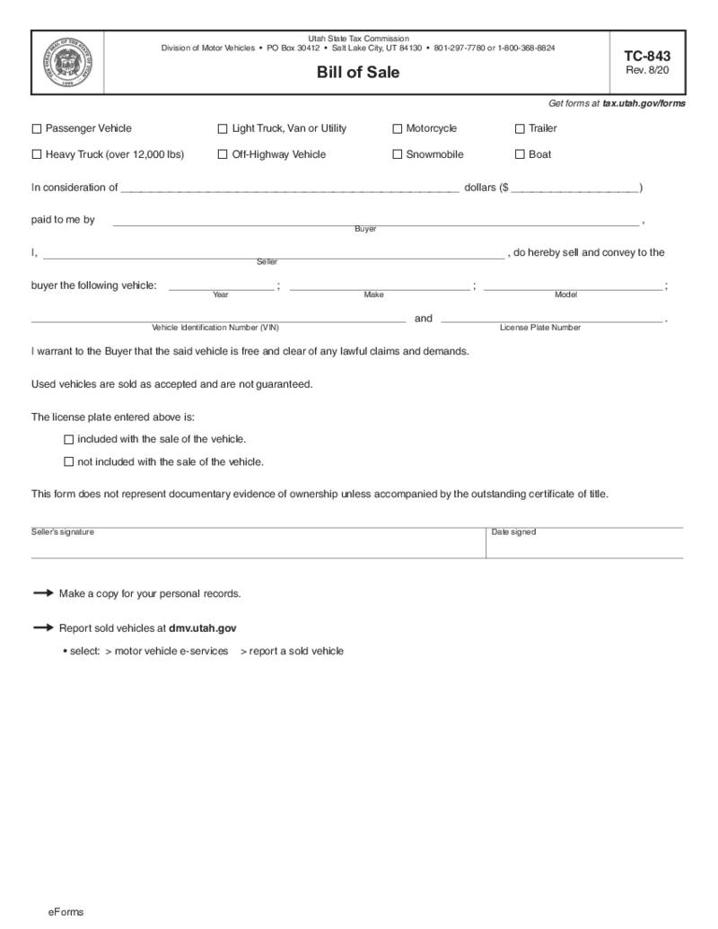 Utah Motor Vehicle Bill of Sale