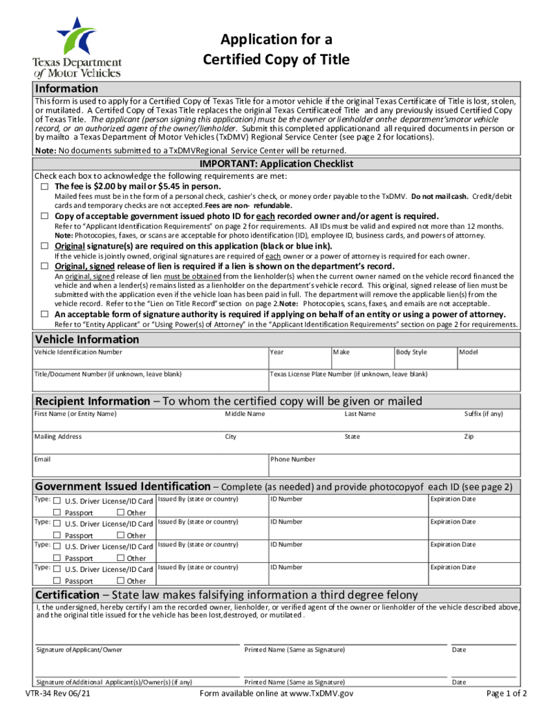 Application for Certified Copy of Title - Form VTR-34