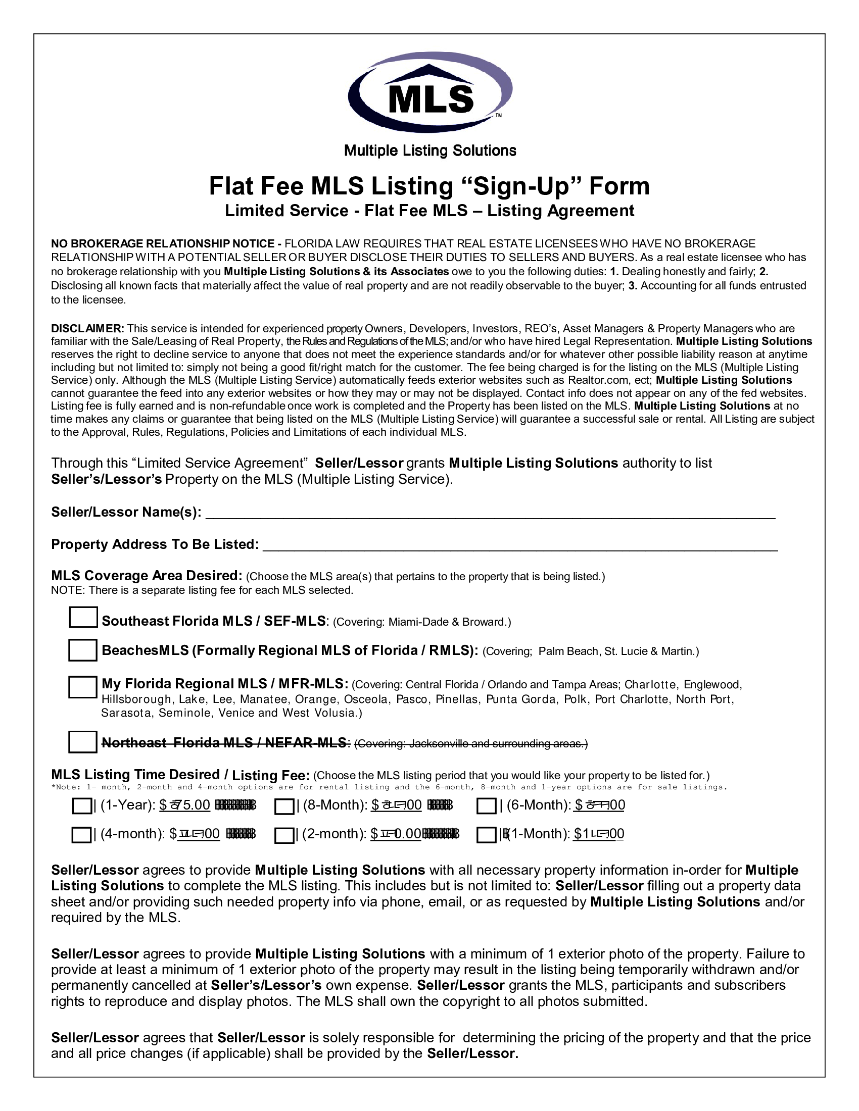 Flat Fee MLS Listing Sign-Up Form - Thumbnail