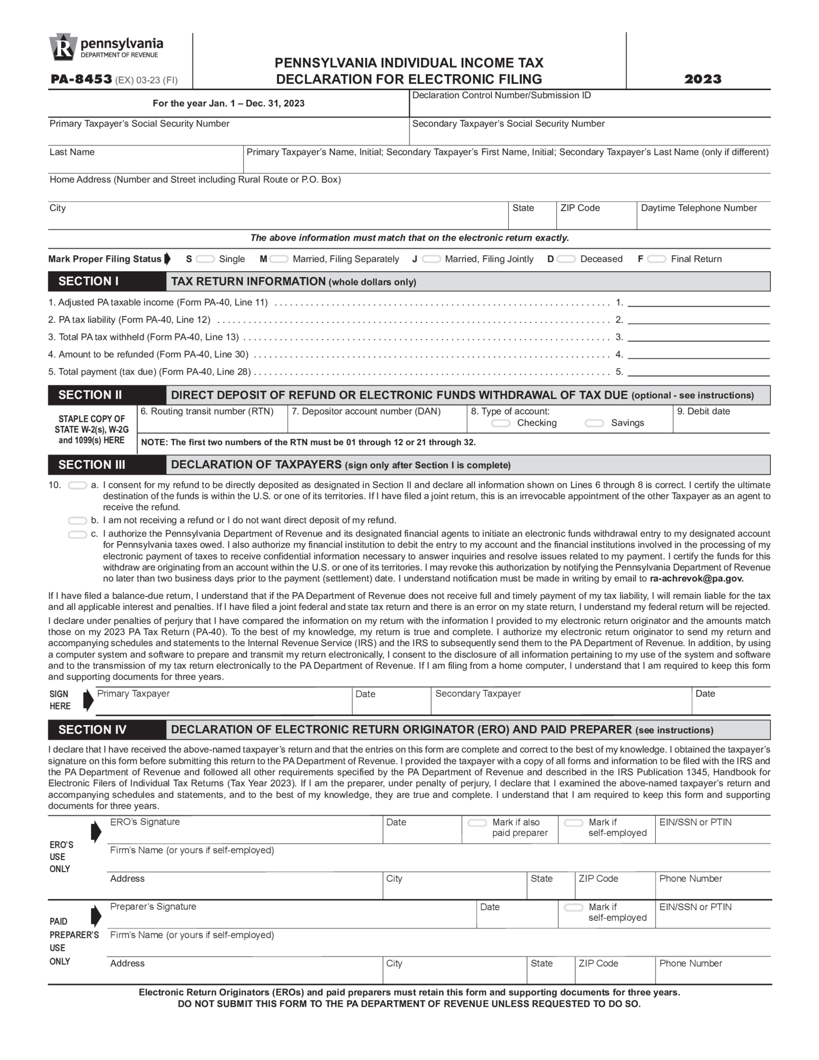 Pennsylvania Form PA-8453 - Thumbnail