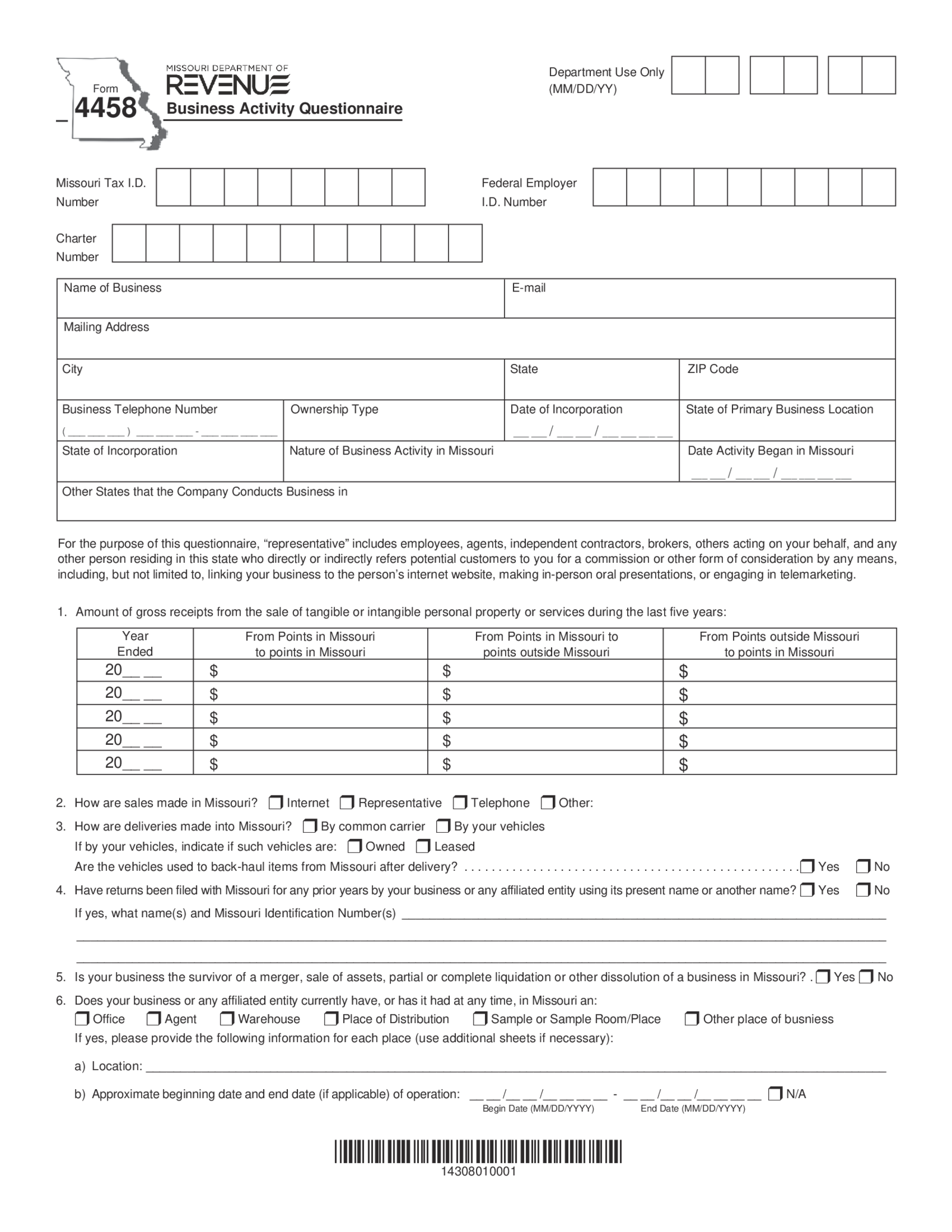 Missouri Department of Revenue Form 4458 - Thumbnail