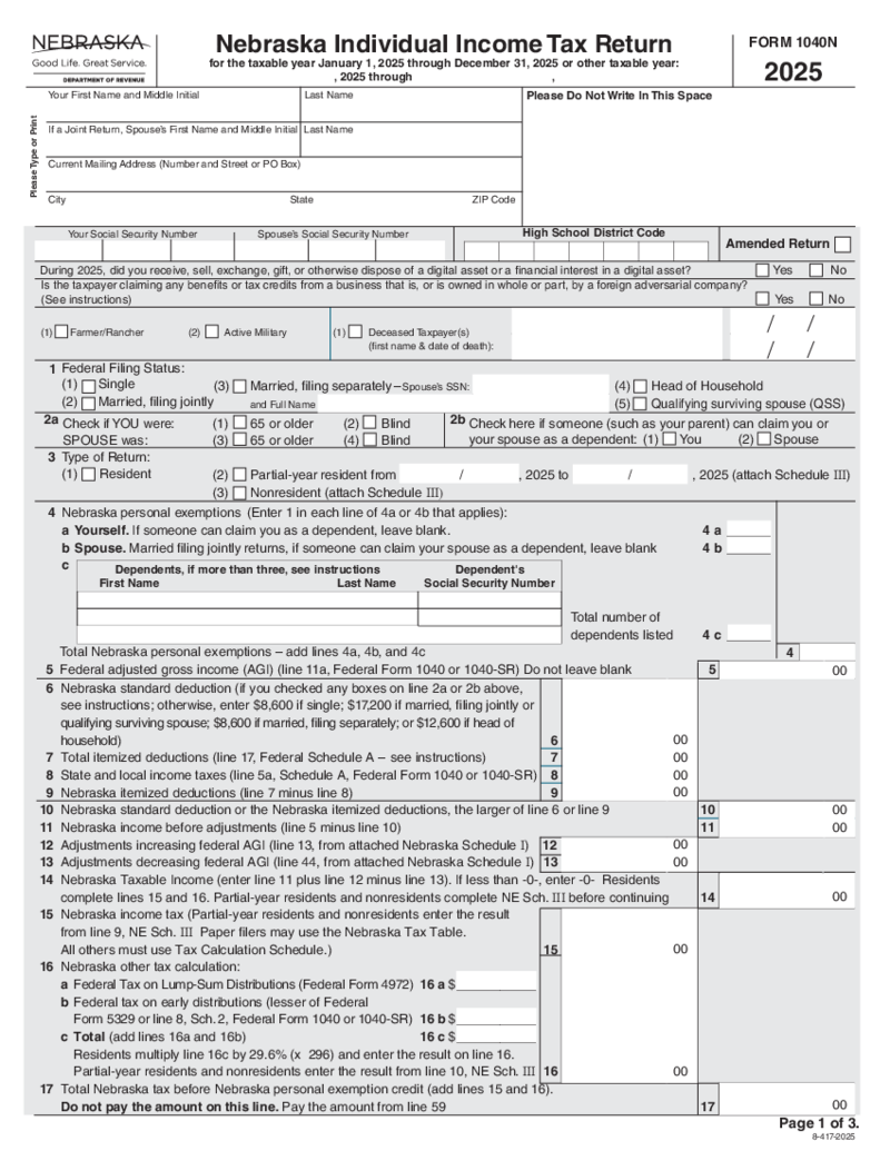 Nebraska Individual Income Tax Return - Form 1040N