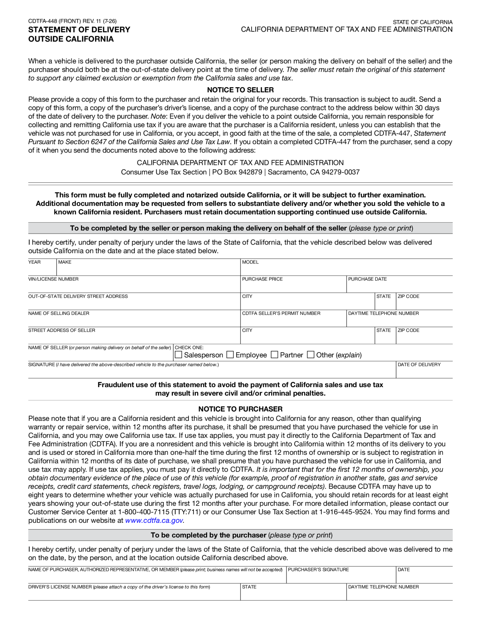 CDTFA-448 Statement of Delivery Outside California - Thumbnail