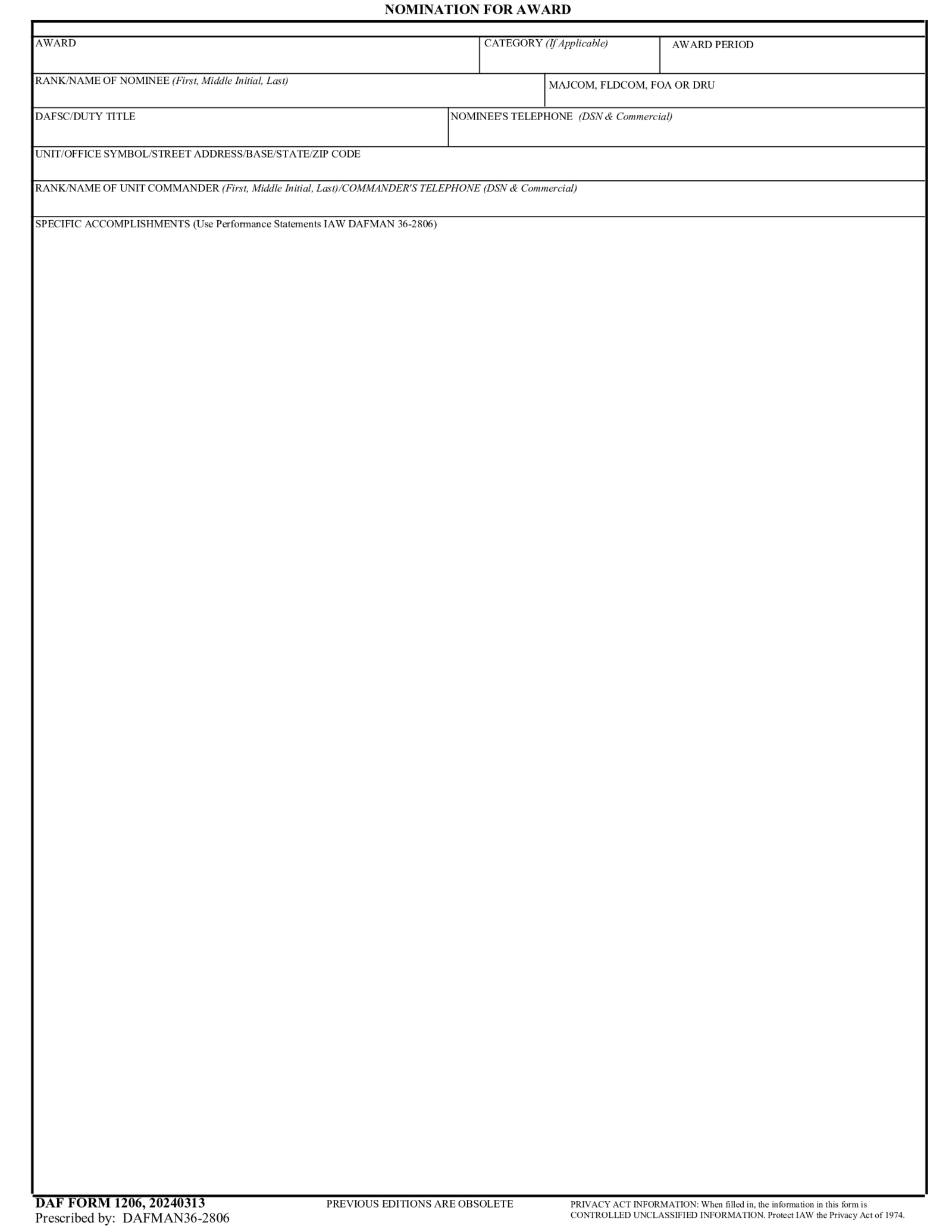 Fillable AF Form 1206, Nomination for Award - Thumbnail
