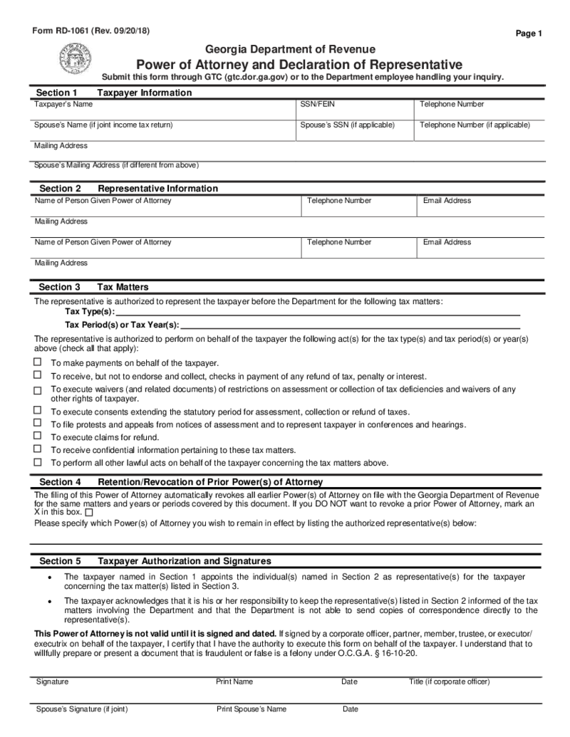 Georgia Tax Power of Attorney (Form RD-1061)