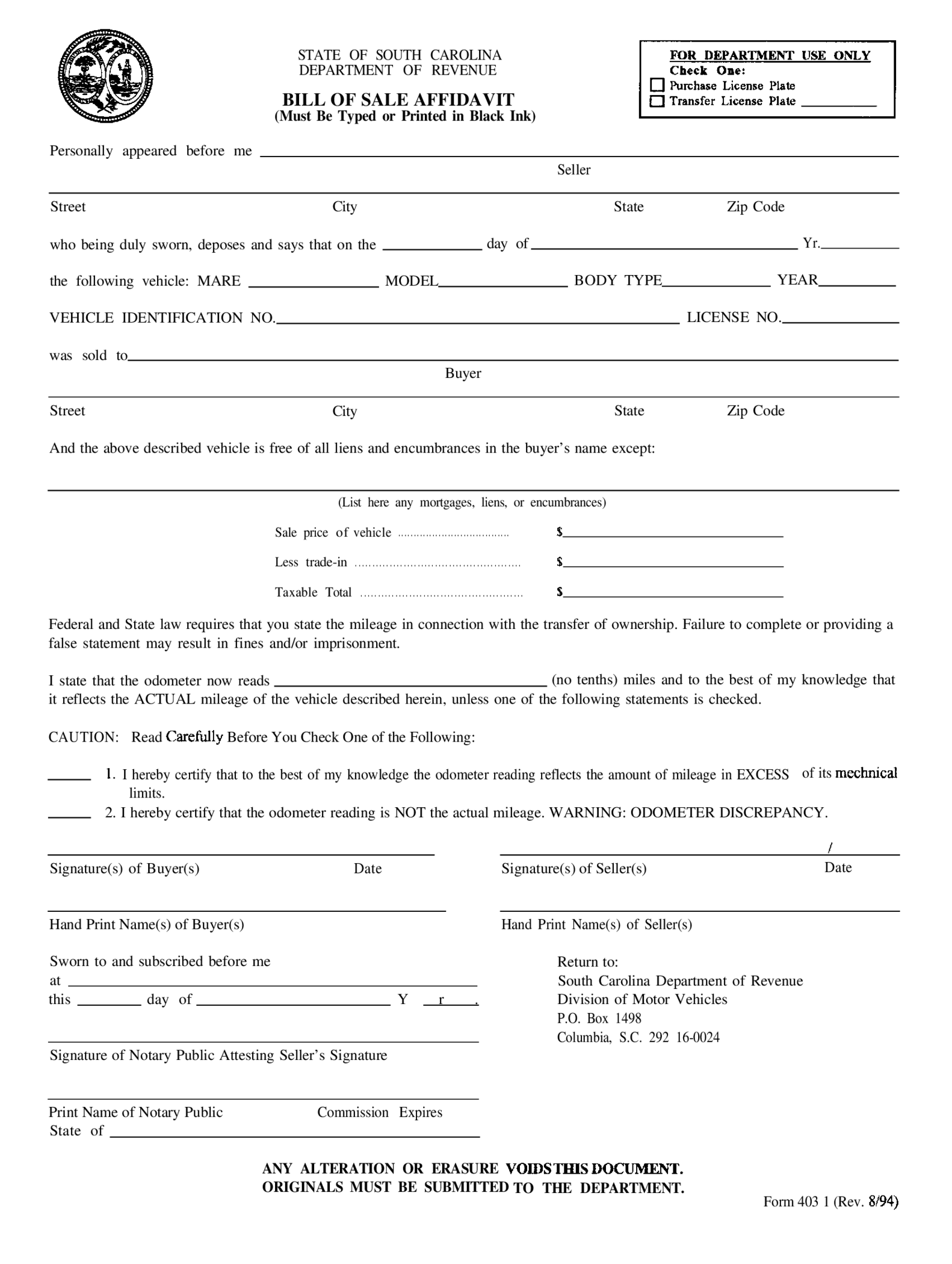 South Carolina Bill of Sale Form - Thumbnail