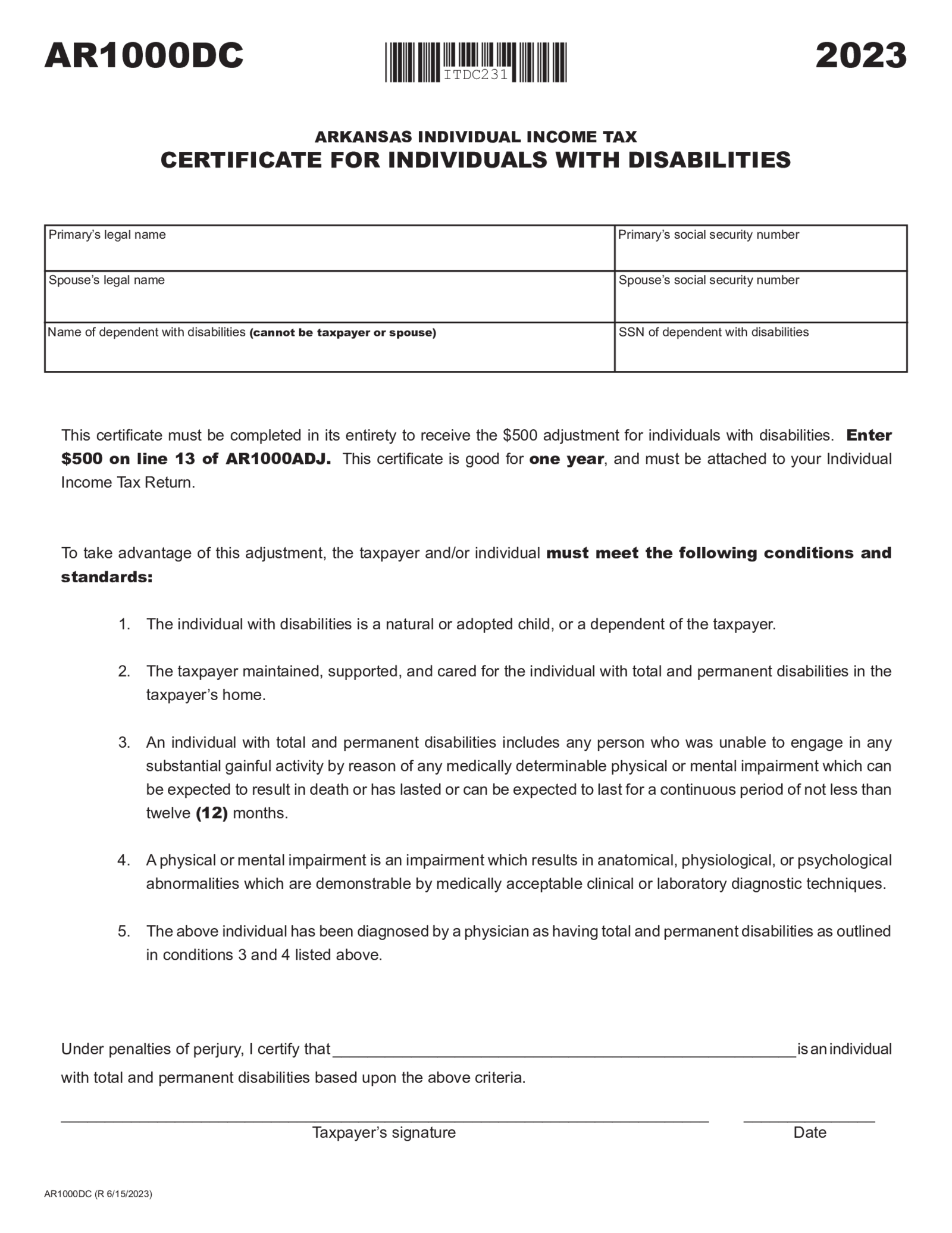 Arkansas Form AR1000DC Disabled Individuals Certificate - Thumbnail