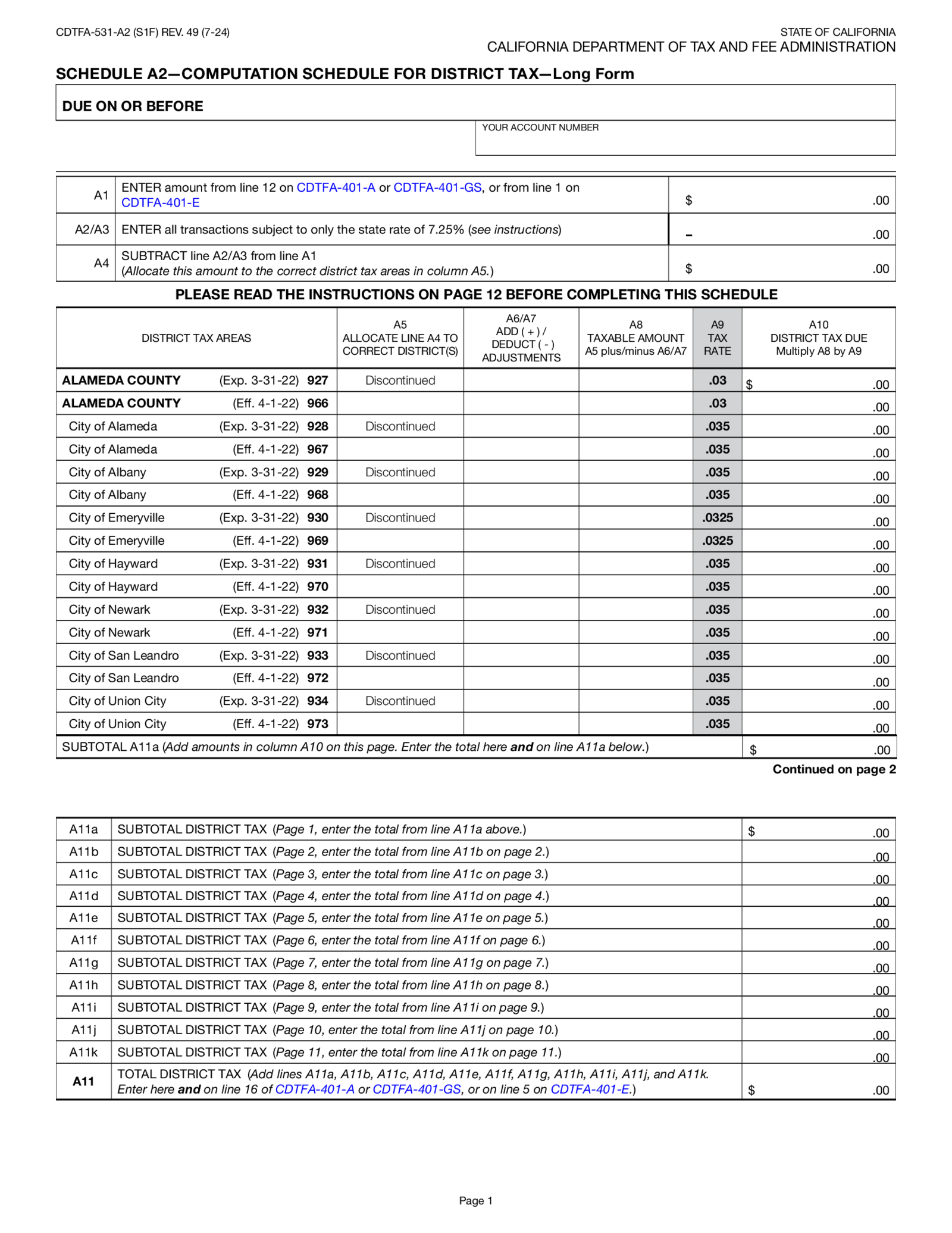 CDTFA-531-A2, Schedule A2 - Computation Schedule for District Tax - Thumbnail