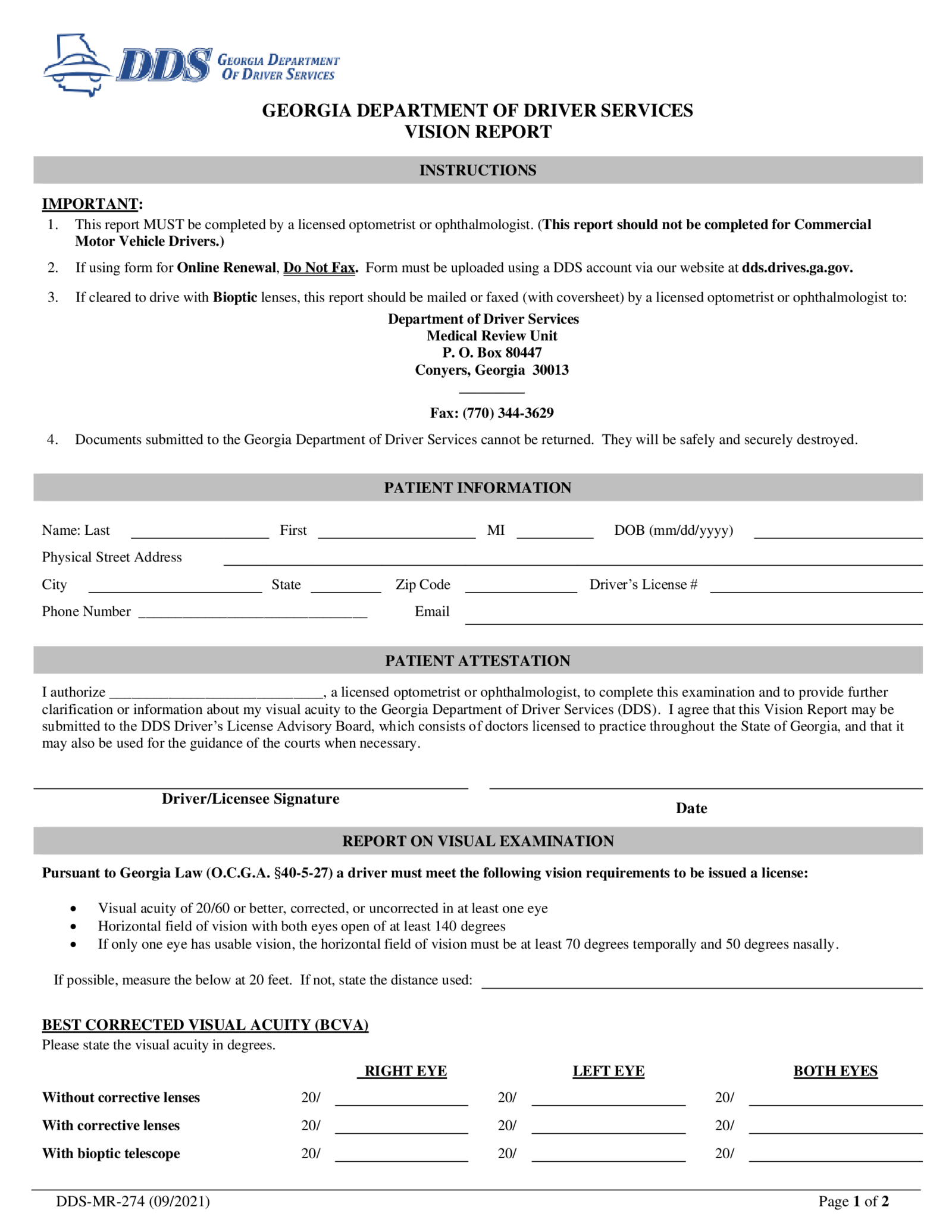 Form DDS-MR-274, Georgia Department of Driver Services Vision - Thumbnail