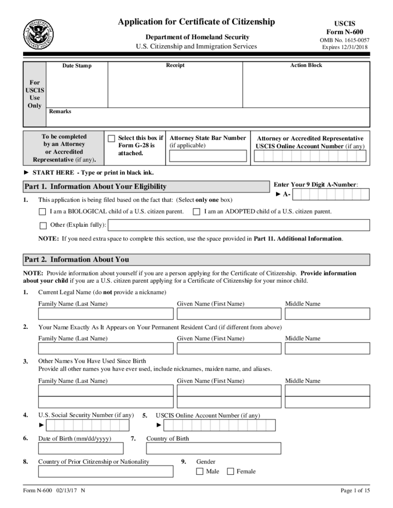 Form N-600, Application for Certificate of Citizenship