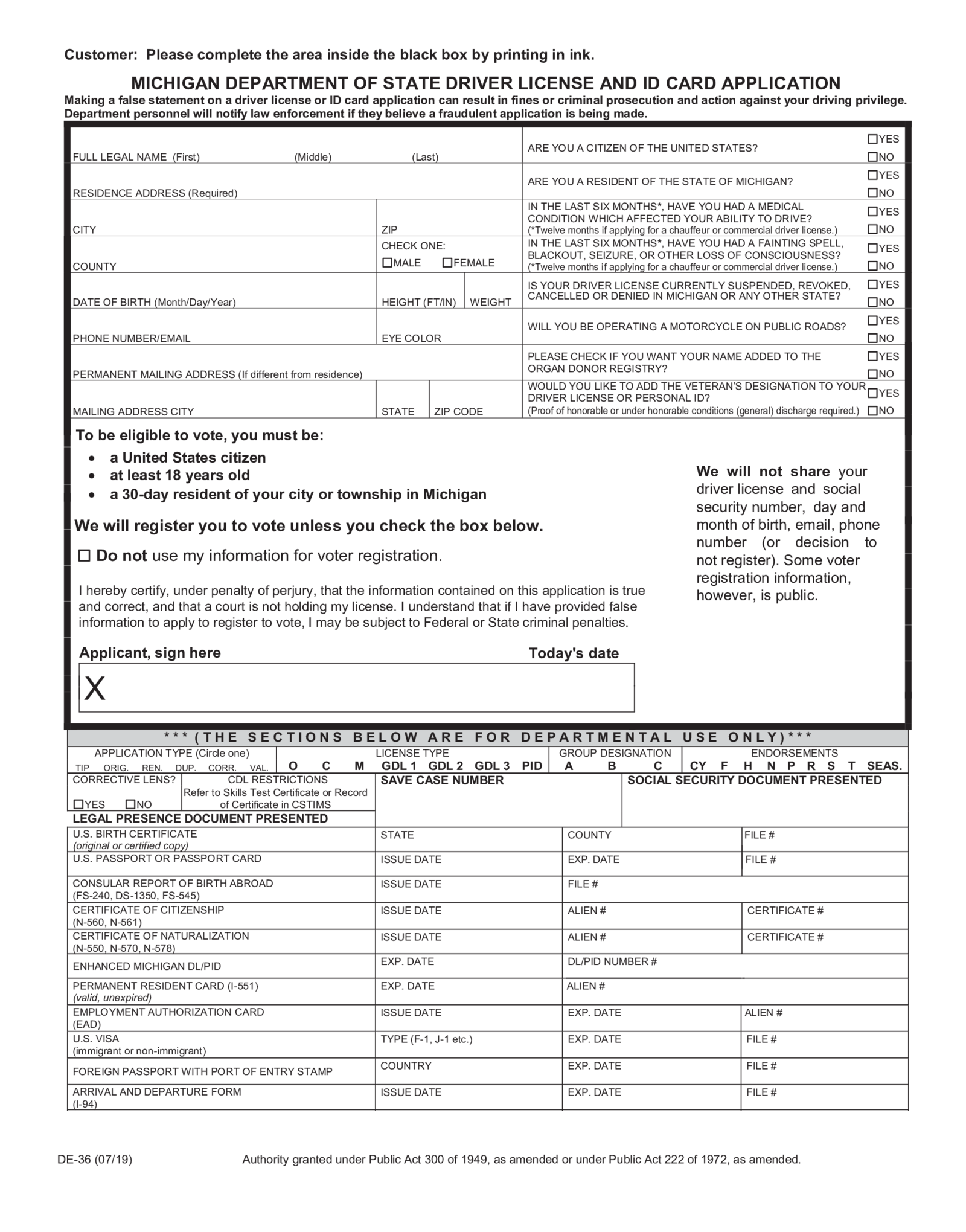 Michigan Driver License and ID Card Application - Thumbnail