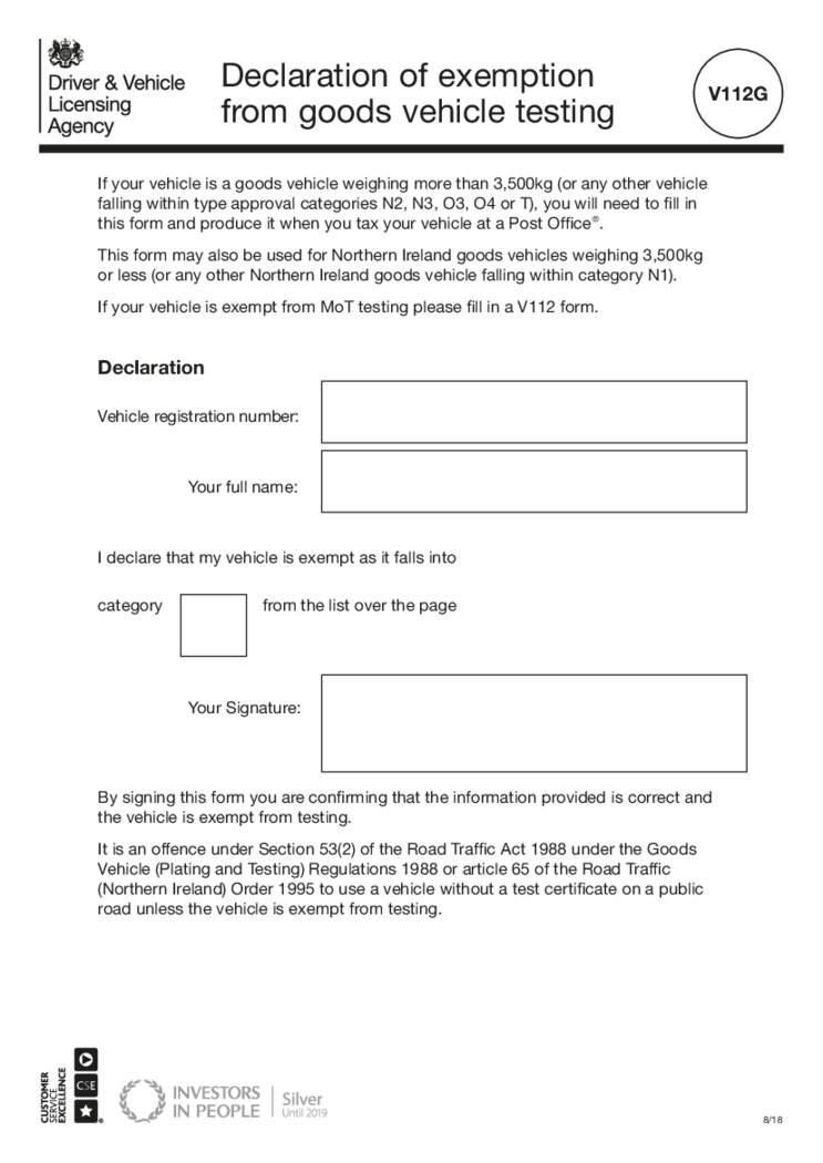 Exemption from heavy goods vehicle (HGV) annual testing (form V112G)