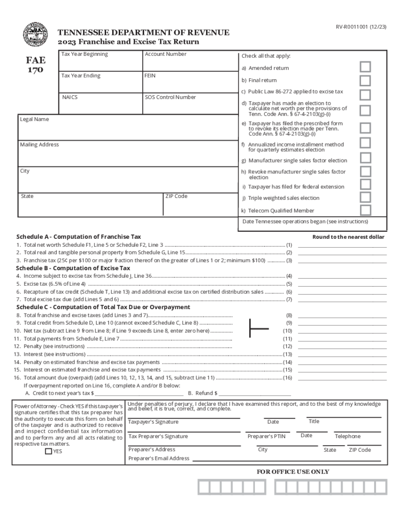 Tennessee Form FAE 170 Franchise and Excise Tax Return