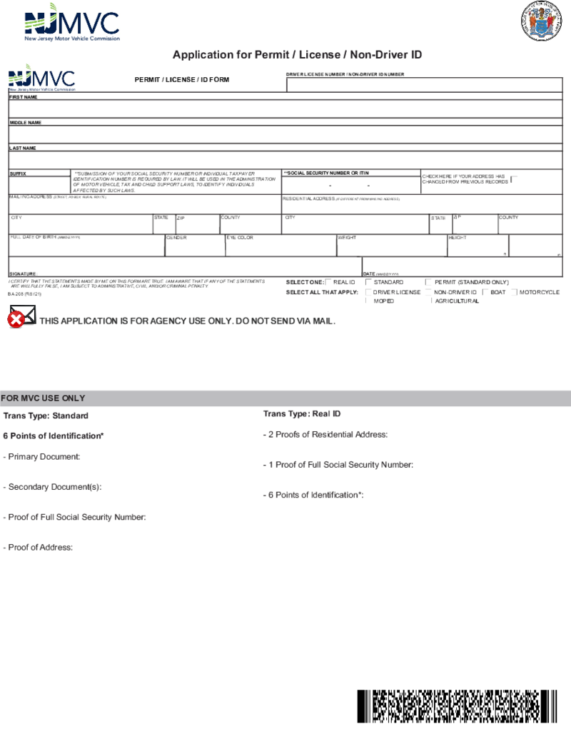 New Jersey Application for Permit, License, Non-Driver ID