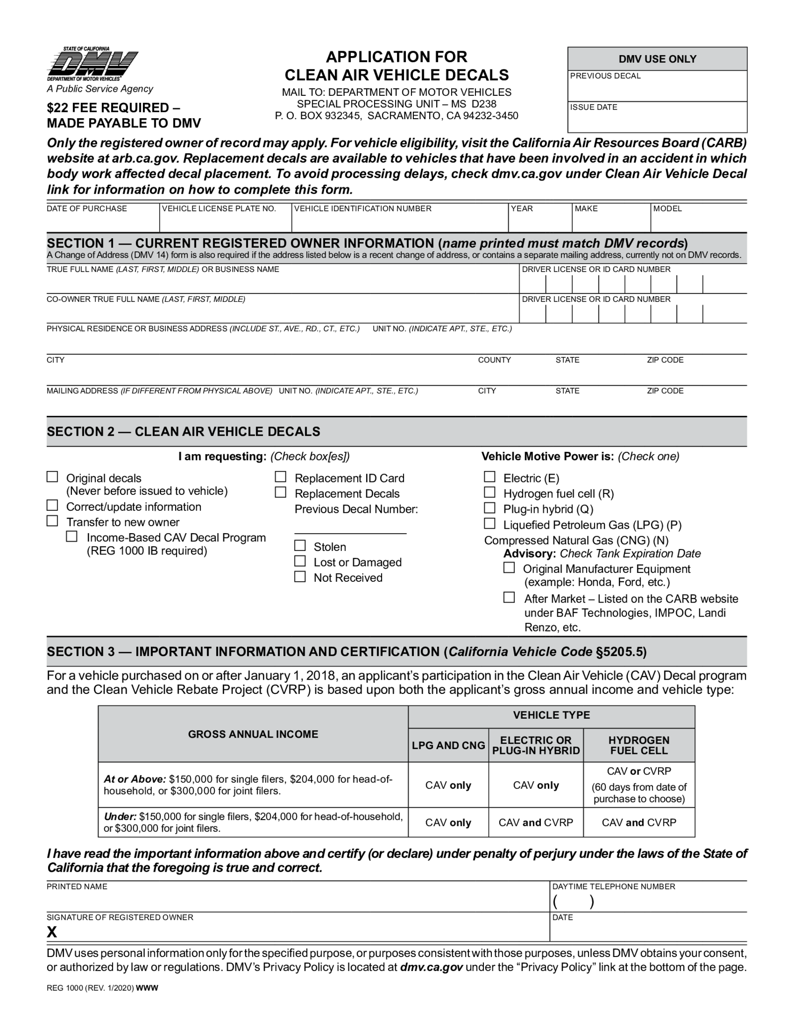 REG 1000, Application for Clean Air Vehicle Decals - Thumbnail