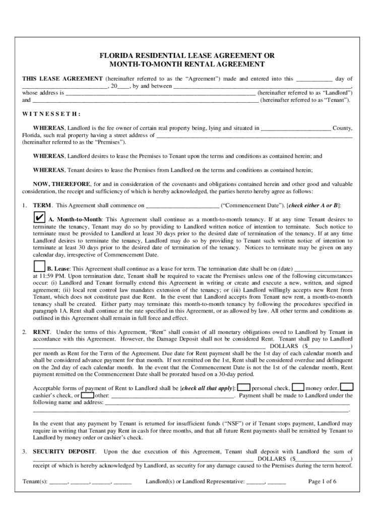 Florida Month to Month Rental Agreement