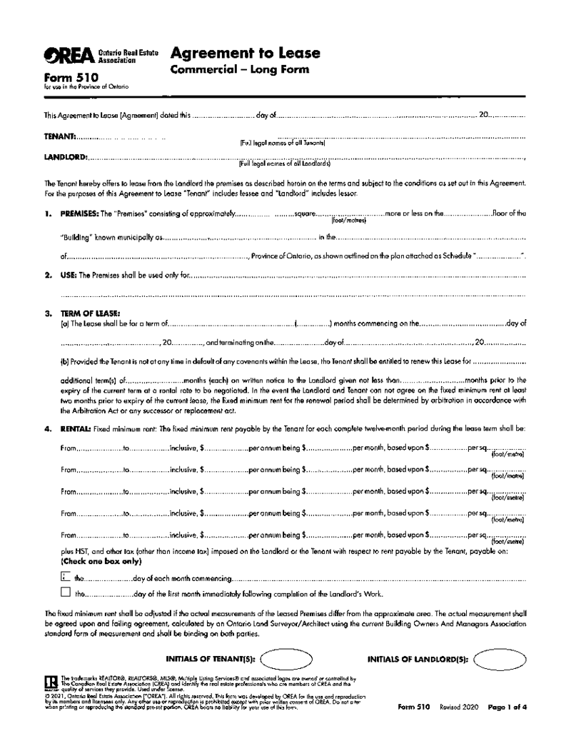 OREA Form 510, Agreement to Lease, Commercial