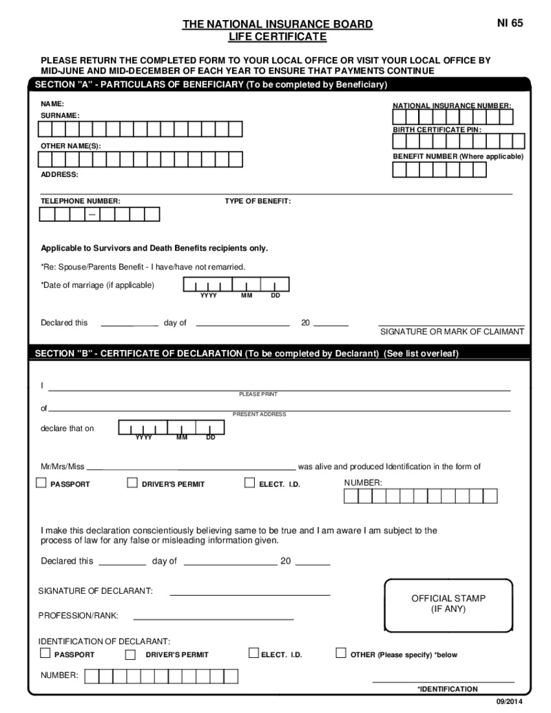 National Insurance Board Life Certificate Application (NI 65)