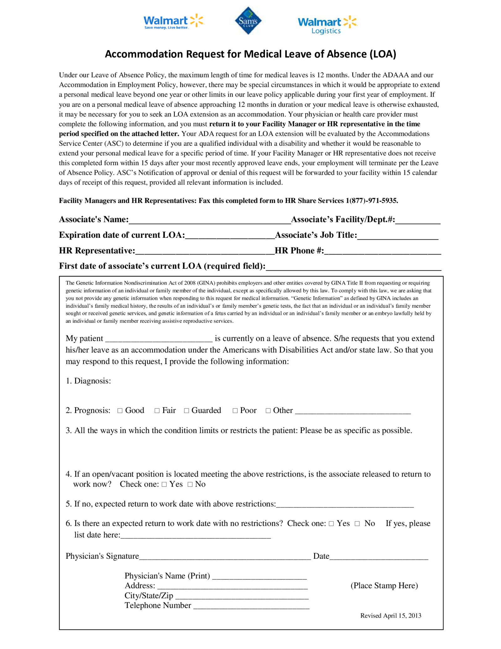 Walmart Medical Leave of Absence Request Form - Thumbnail