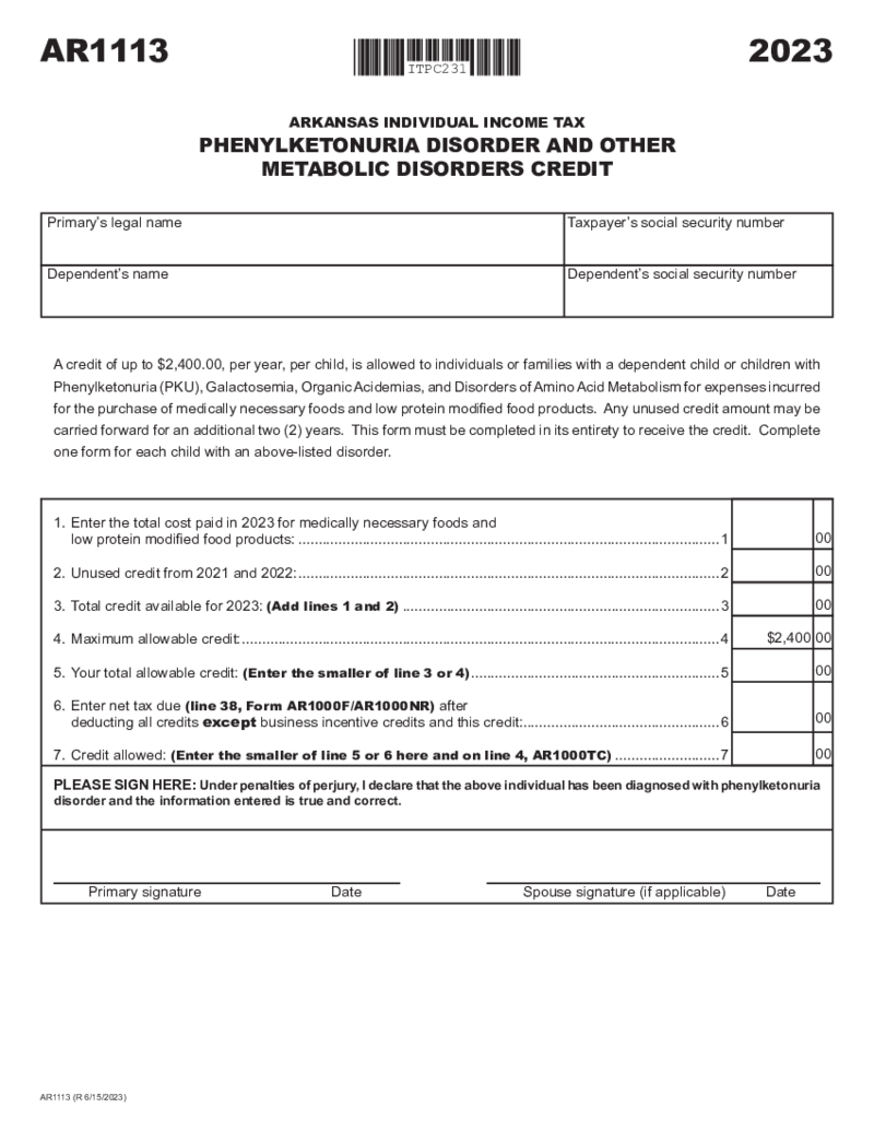 Arkansas Form AR1113 Phenylketonuria Other Metabolic Disorders Credit