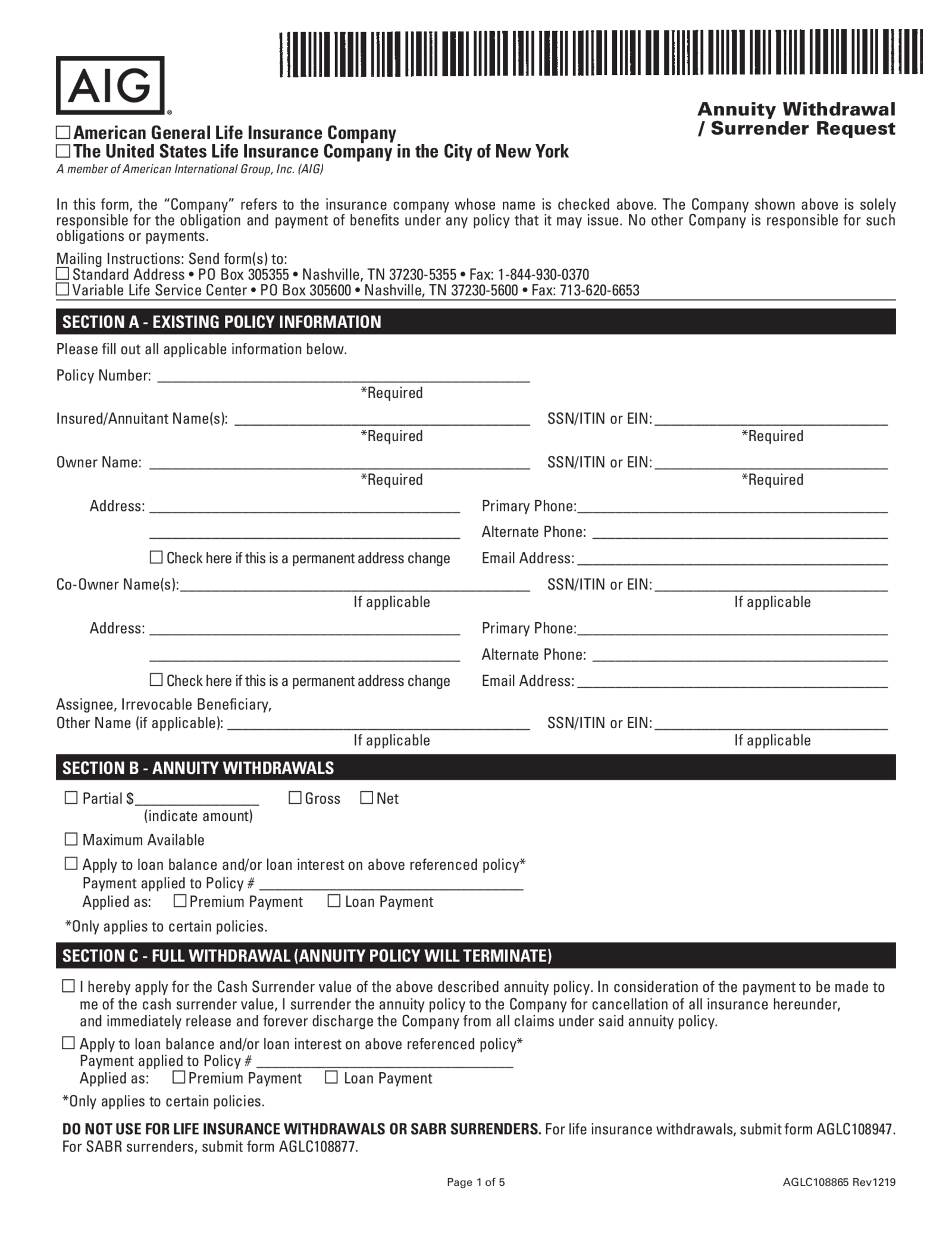 AIG Annuity Withdrawal Form - Thumbnail