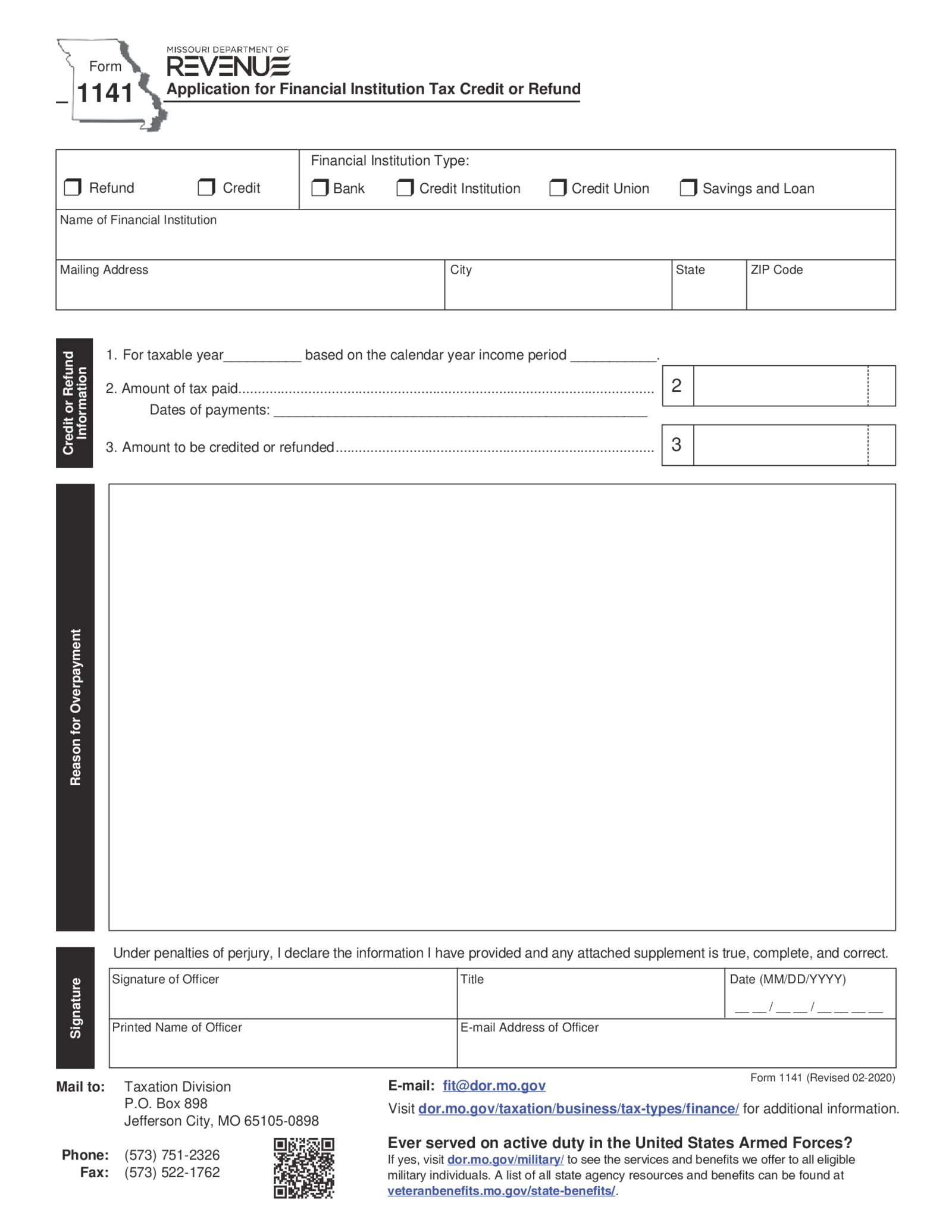 Form 1141, Application for Financial Institution Tax Credit - Thumbnail