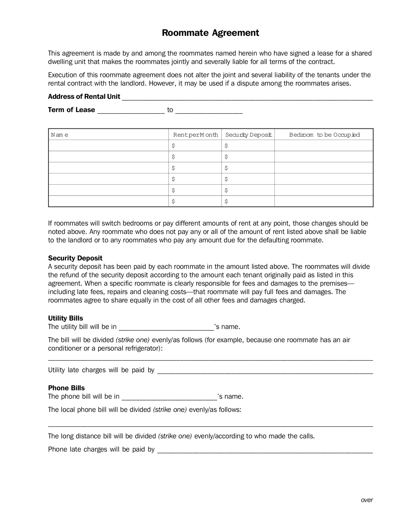 Fillable Roommate Agreement - Thumbnail