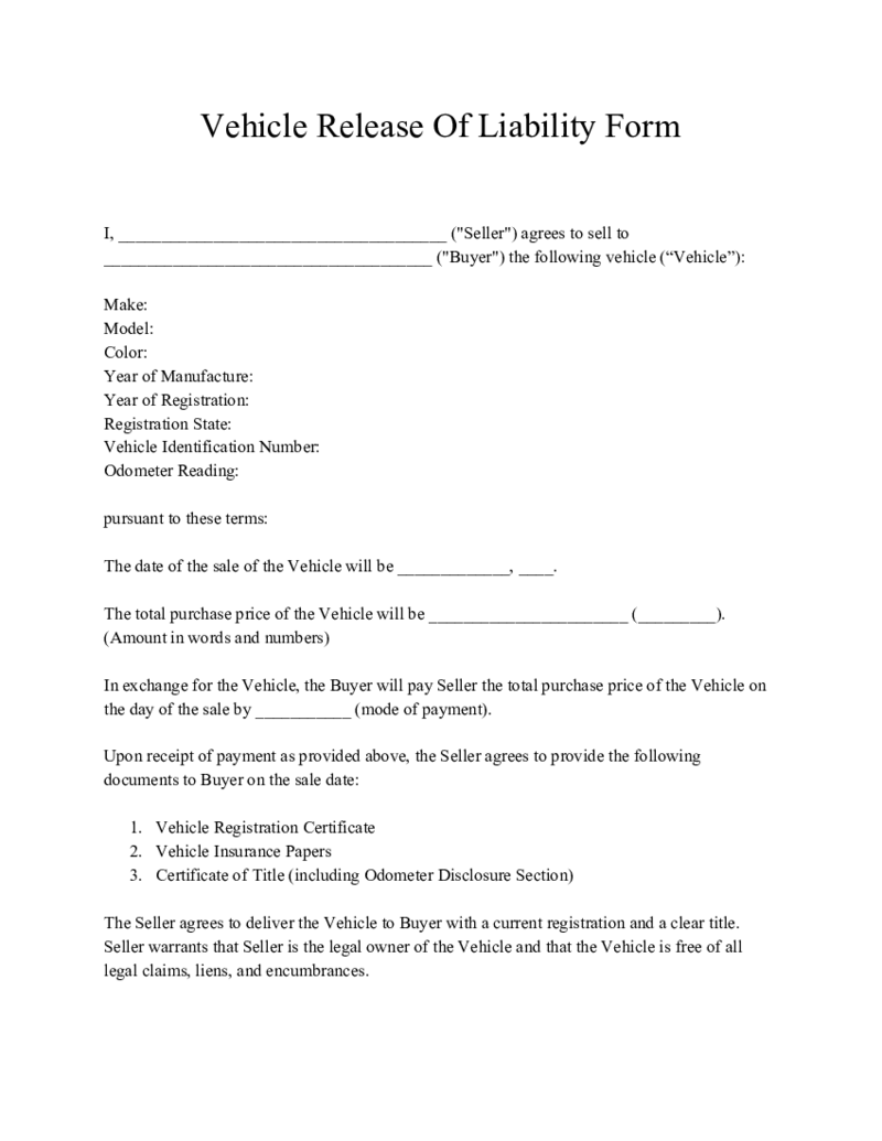 Vehicle Release Of Liability Form