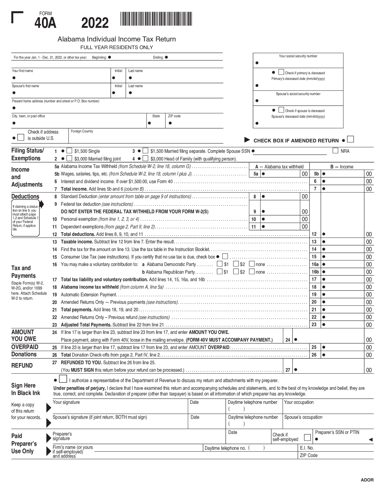 Alabama Tax Form 40A - Thumbnail