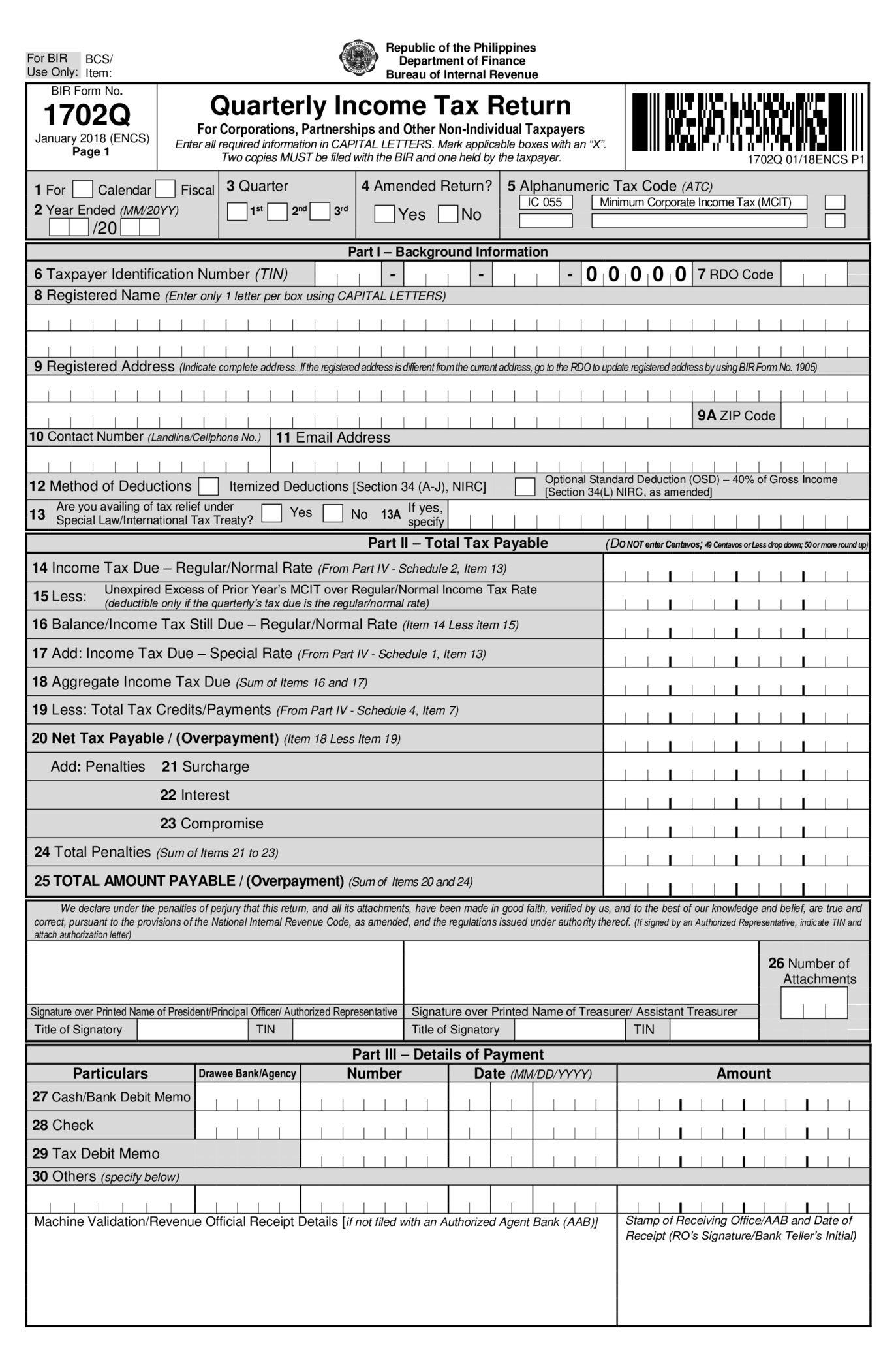 Fillable BIR Form 1702-Q - Thumbnail