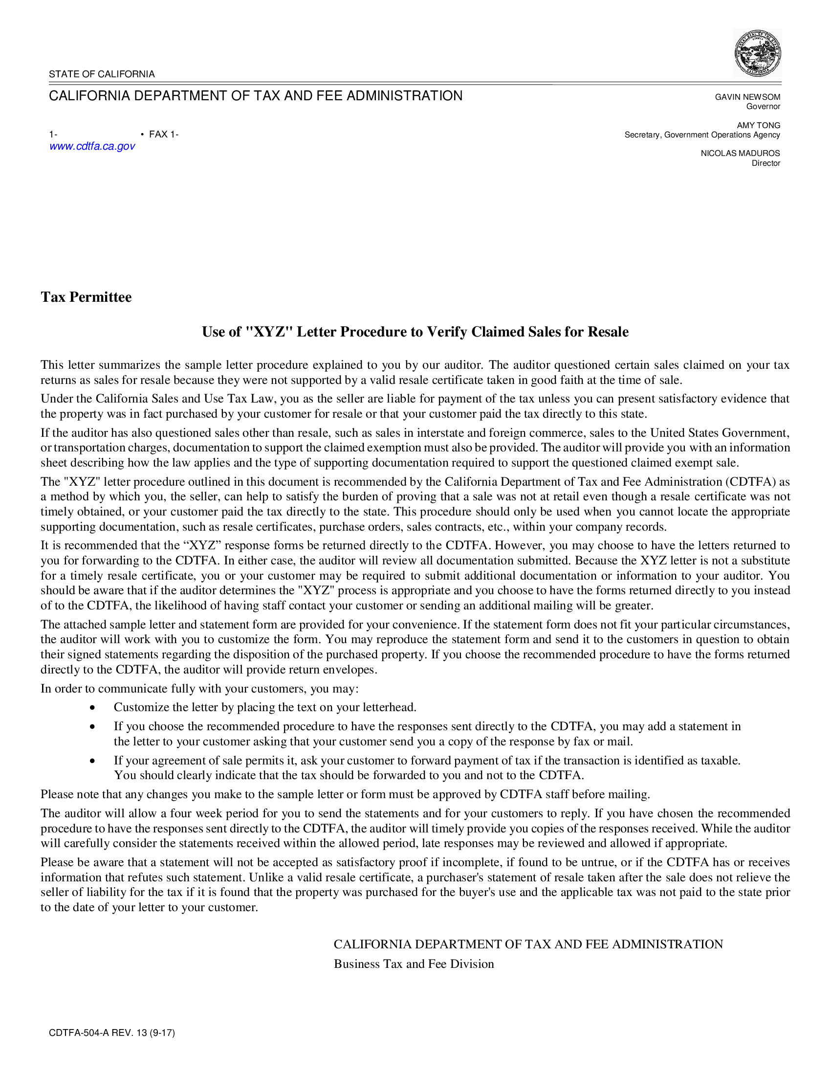 CDTFA-504-A, Use of XYZ Letter Procedure to Verify Claimed Sales for Resale - Thumbnail